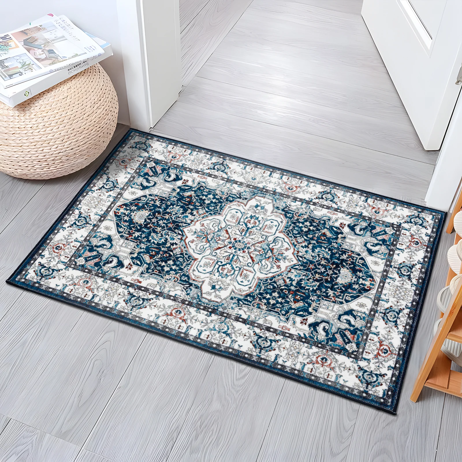 Last 9 Pcs Extra Large Floor Rug Indigo Beautiful Medallion Vintage Carpet Machine Washable Mat - Image 7