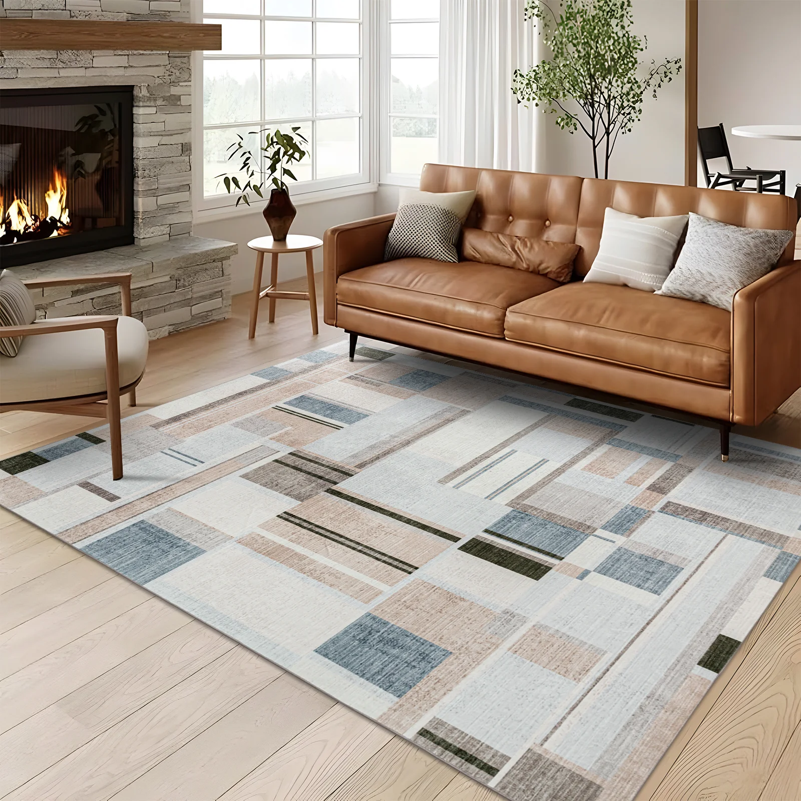 Extra Large Rug Peach Blue Multi Checked Modern Abstract Carpet Machine Washable Rugs - Image 13
