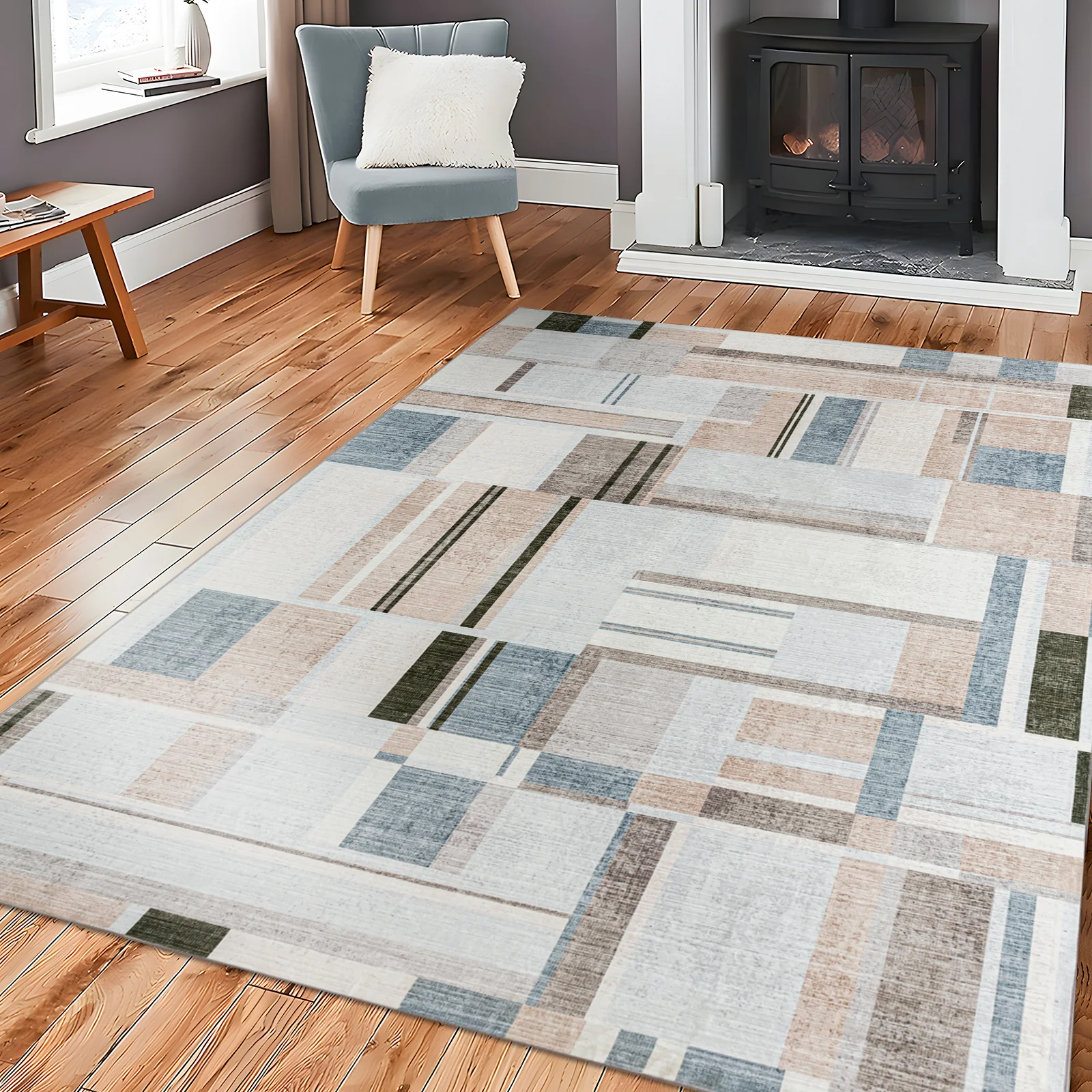 Extra Large Rug Peach Blue Multi Checked Modern Abstract Carpet Machine Washable Rugs - Image 4
