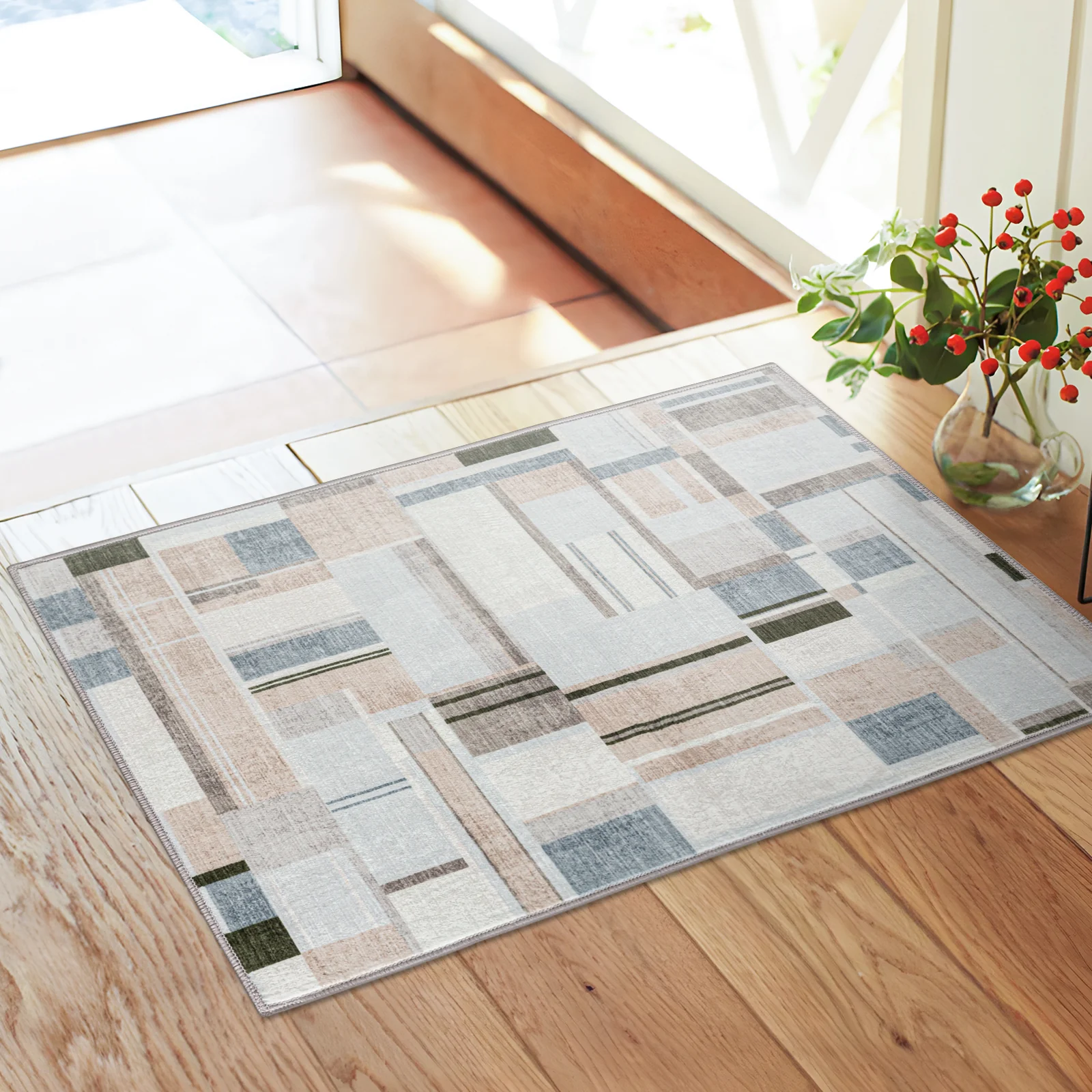 Extra Large Rug Peach Blue Multi Checked Modern Abstract Carpet Machine Washable Rugs - Image 5