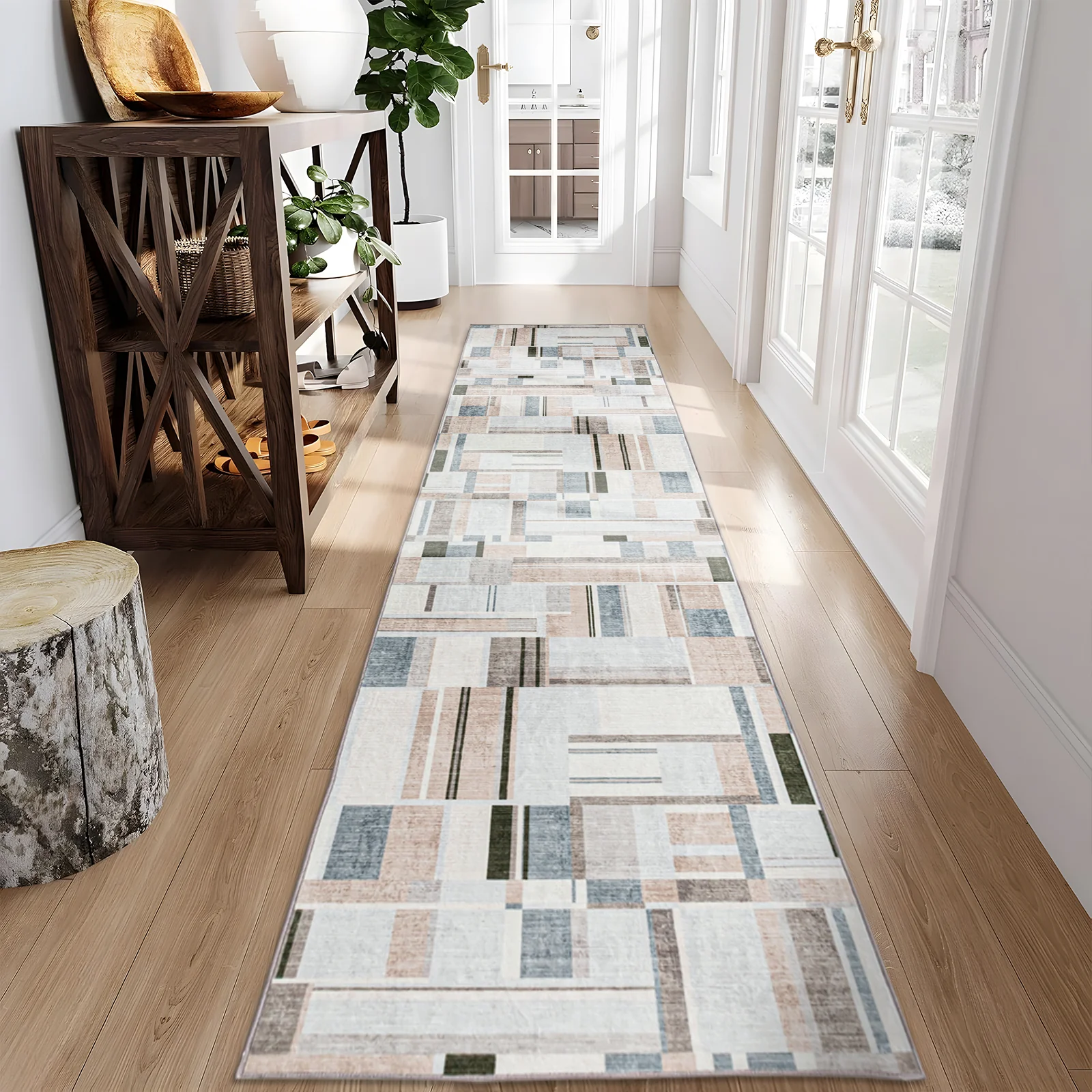 Extra Large Rug Peach Blue Multi Checked Modern Abstract Carpet Machine Washable Rugs - Image 7