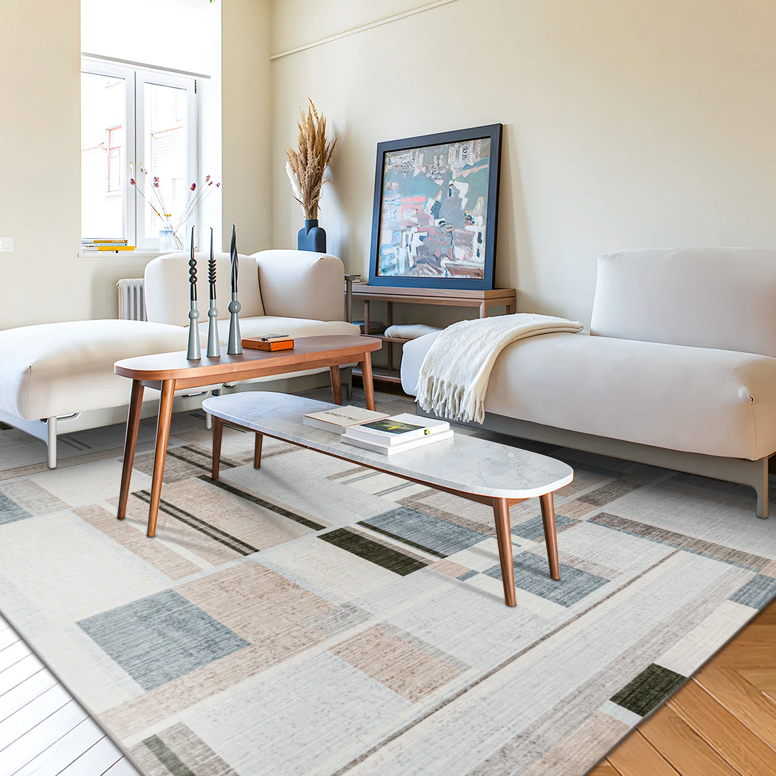 Extra Large Rug Peach Blue Multi Checked Modern Abstract Carpet Machine Washable Rugs - Image 8