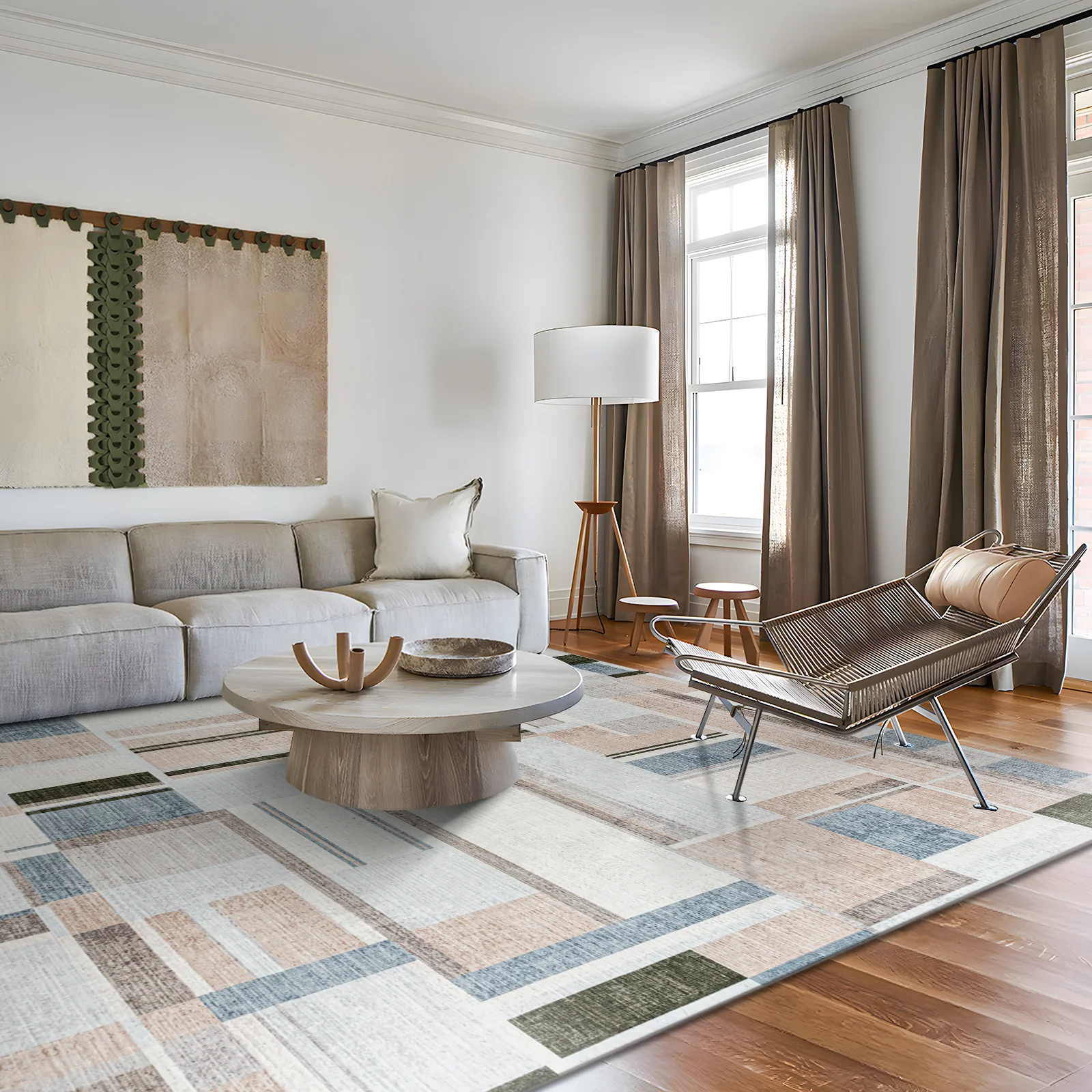 Extra Large Rug Peach Blue Multi Checked Modern Abstract Carpet Machine Washable Rugs - Image 9