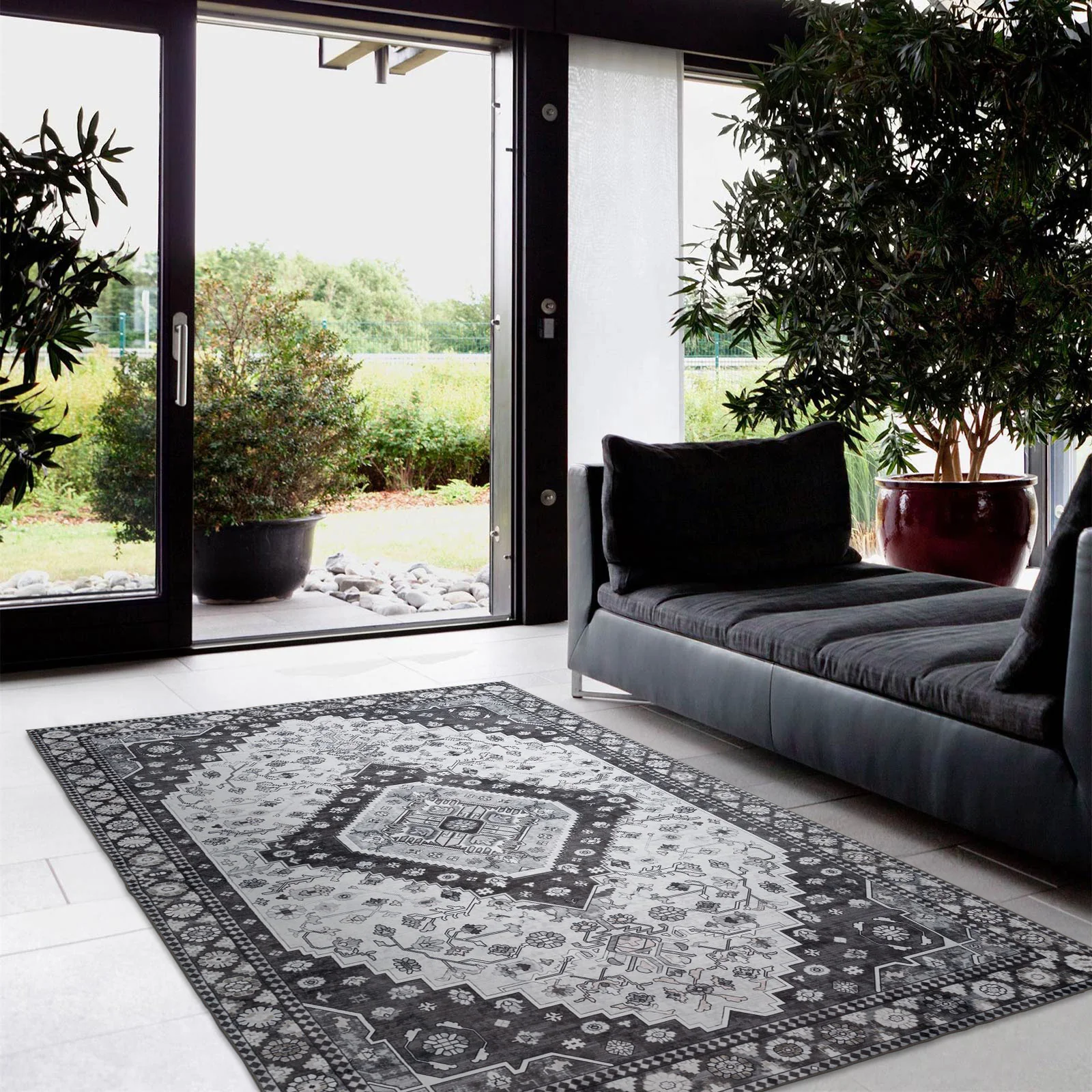 Extra Large Floor Rug Charcoal Black Soft Plush Scandinavian Machine Washable Geometric Carpet - Image 5