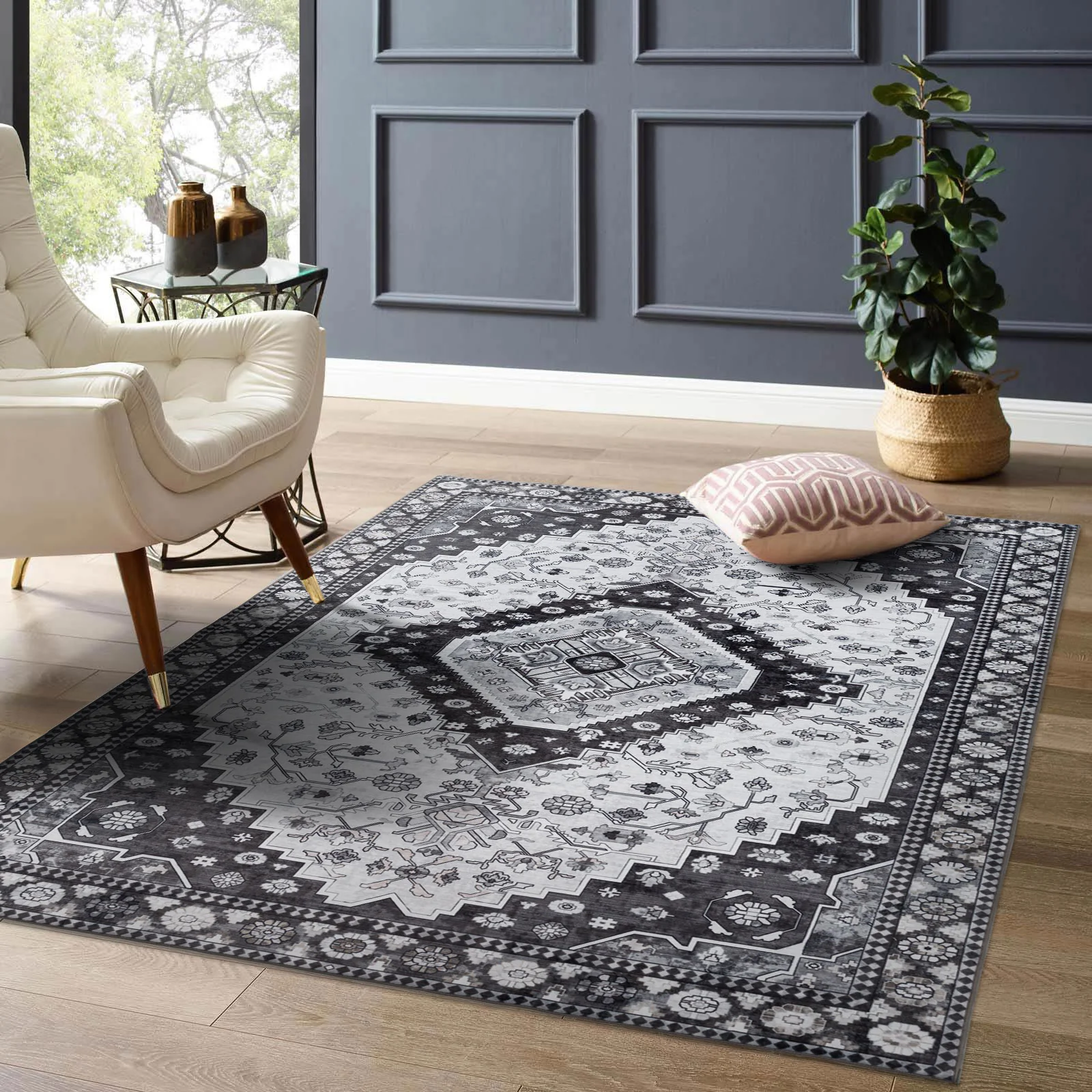 Extra Large Floor Rug Charcoal Black Soft Plush Scandinavian Machine Washable Geometric Carpet - Image 6