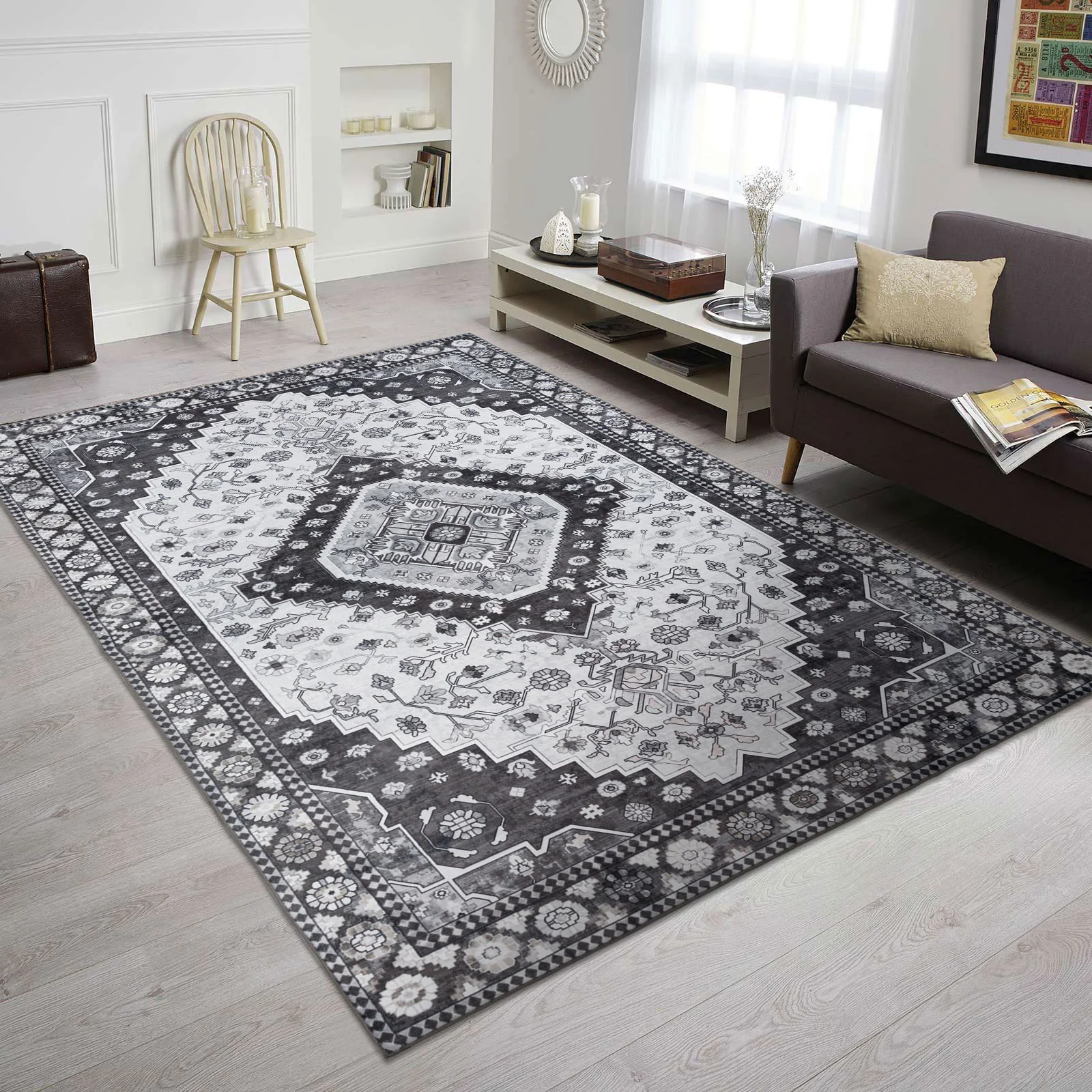Extra Large Floor Rug Charcoal Black Soft Plush Scandinavian Machine Washable Geometric Carpet - Image 7