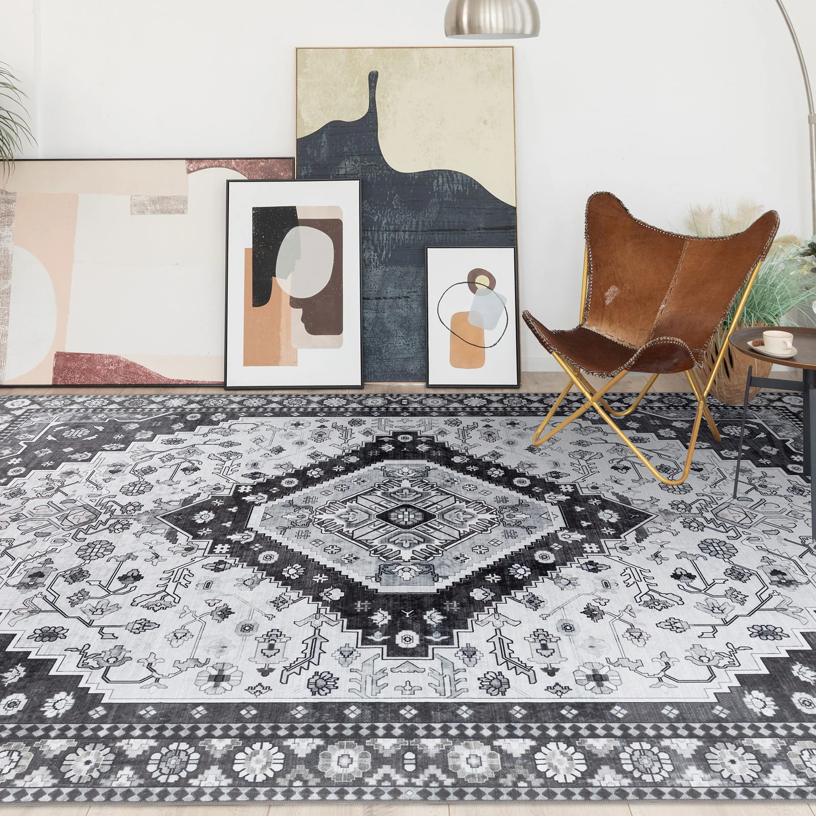 Extra Large Floor Rug Charcoal Black Soft Plush Scandinavian Machine Washable Geometric Carpet - Image 9