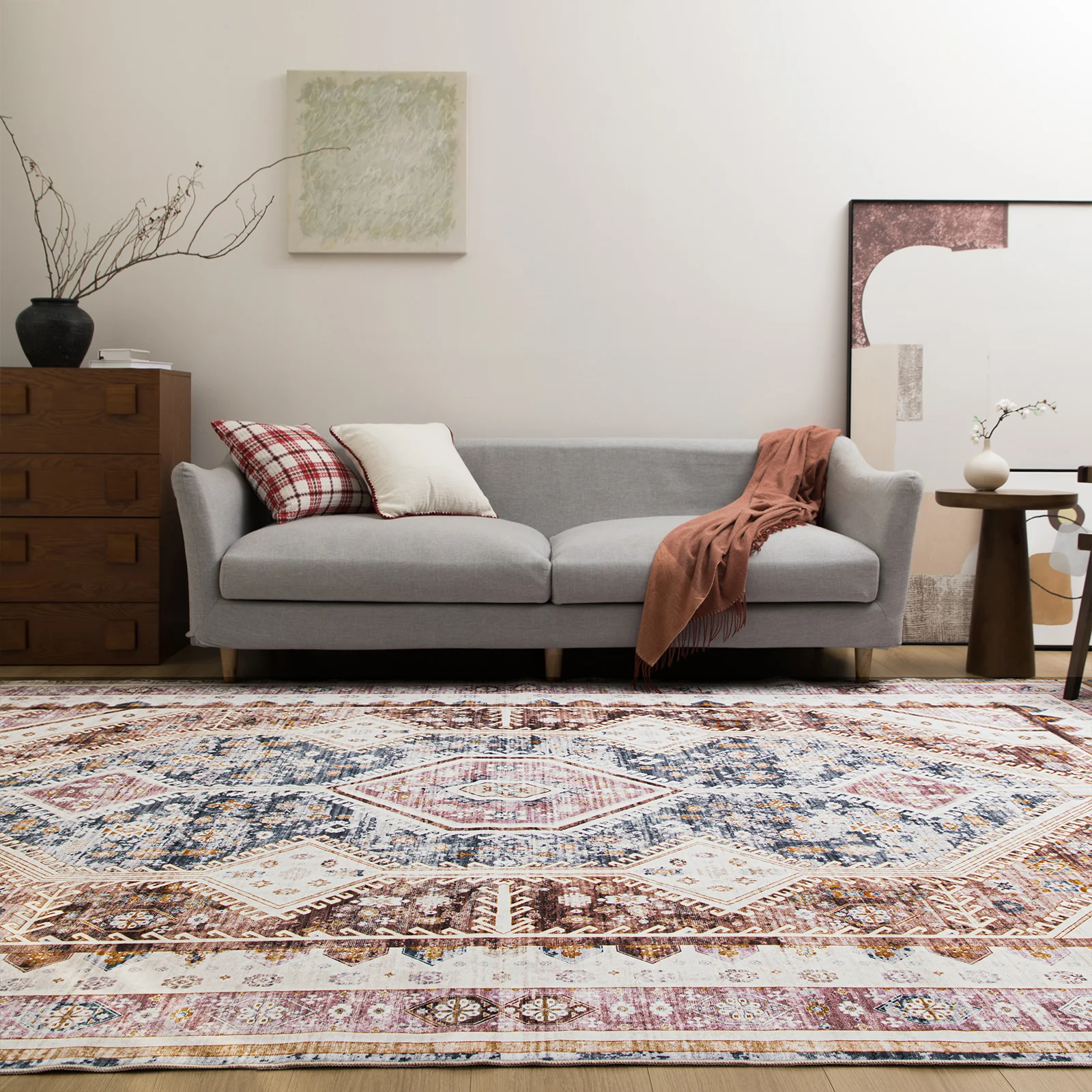Extra Large Area Rug Terracotta Diamond Subtle Kilim Carpet Machine Washable Mat - Image 3