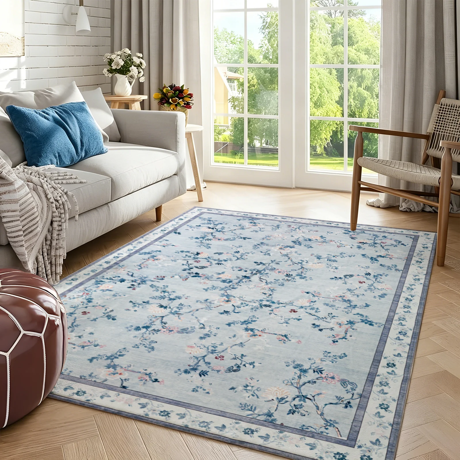Extra Large Floral Rug Pale Blue Allover Vines Distressed Machine Washable Modern Carpet Non Slip Mat - Image 3