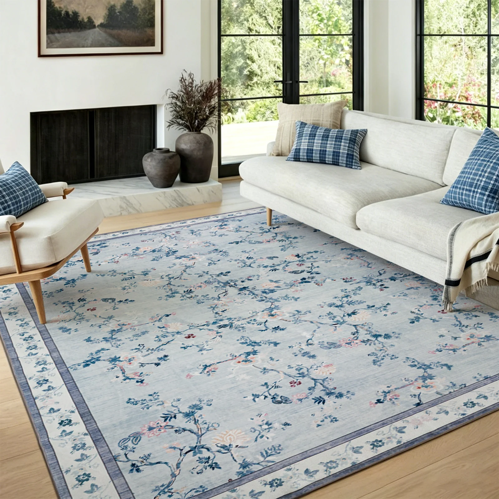 Extra Large Floral Rug Pale Blue Allover Vines Distressed Machine Washable Modern Carpet Non Slip Mat - Image 6