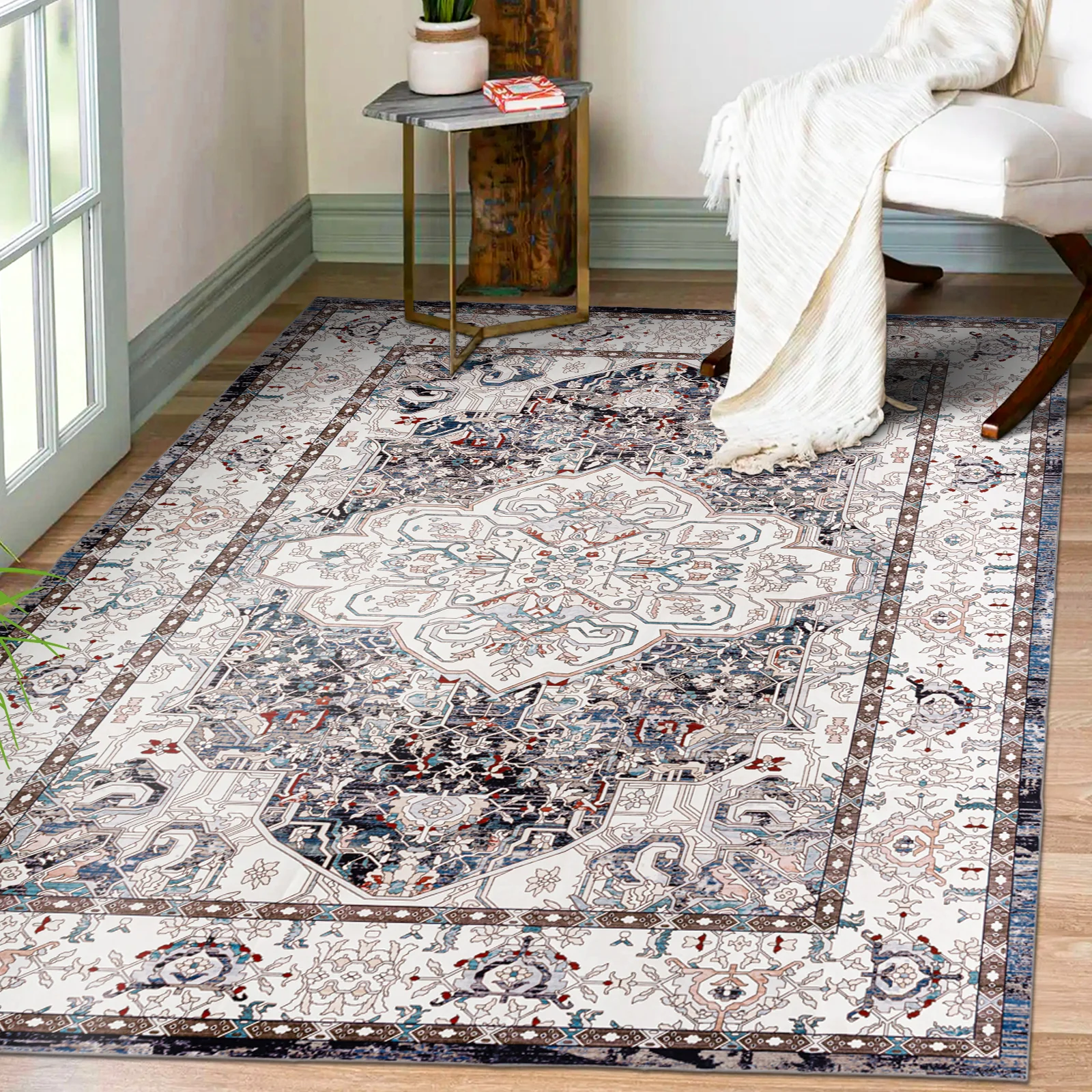 Extra Large Floor Rug Muted Brown Medallion Retro Vintage Carpet Machine Washable Rugs - Image 4