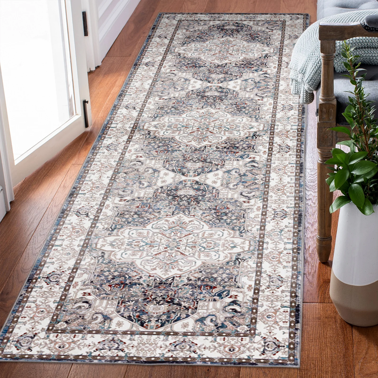 Extra Large Floor Rug Muted Brown Medallion Retro Vintage Carpet Machine Washable Rugs - Image 5