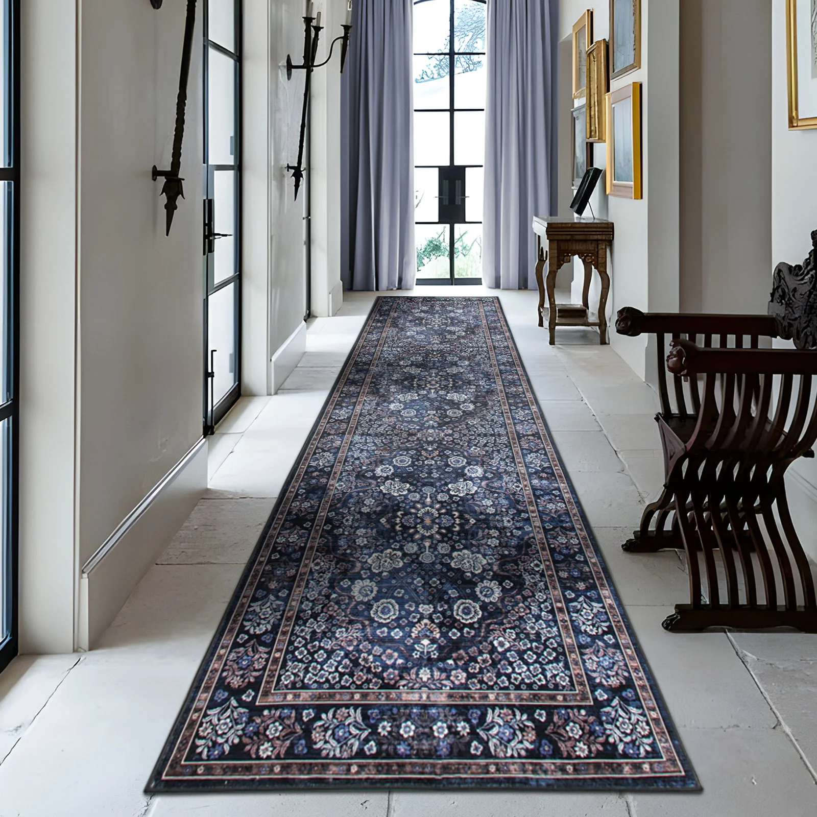 Extra Large Floor Rug Stunning Navy Blue Blooming Allover Plush Non Slip Traditional Retro Lounges Machine Washable Mat - Image 10