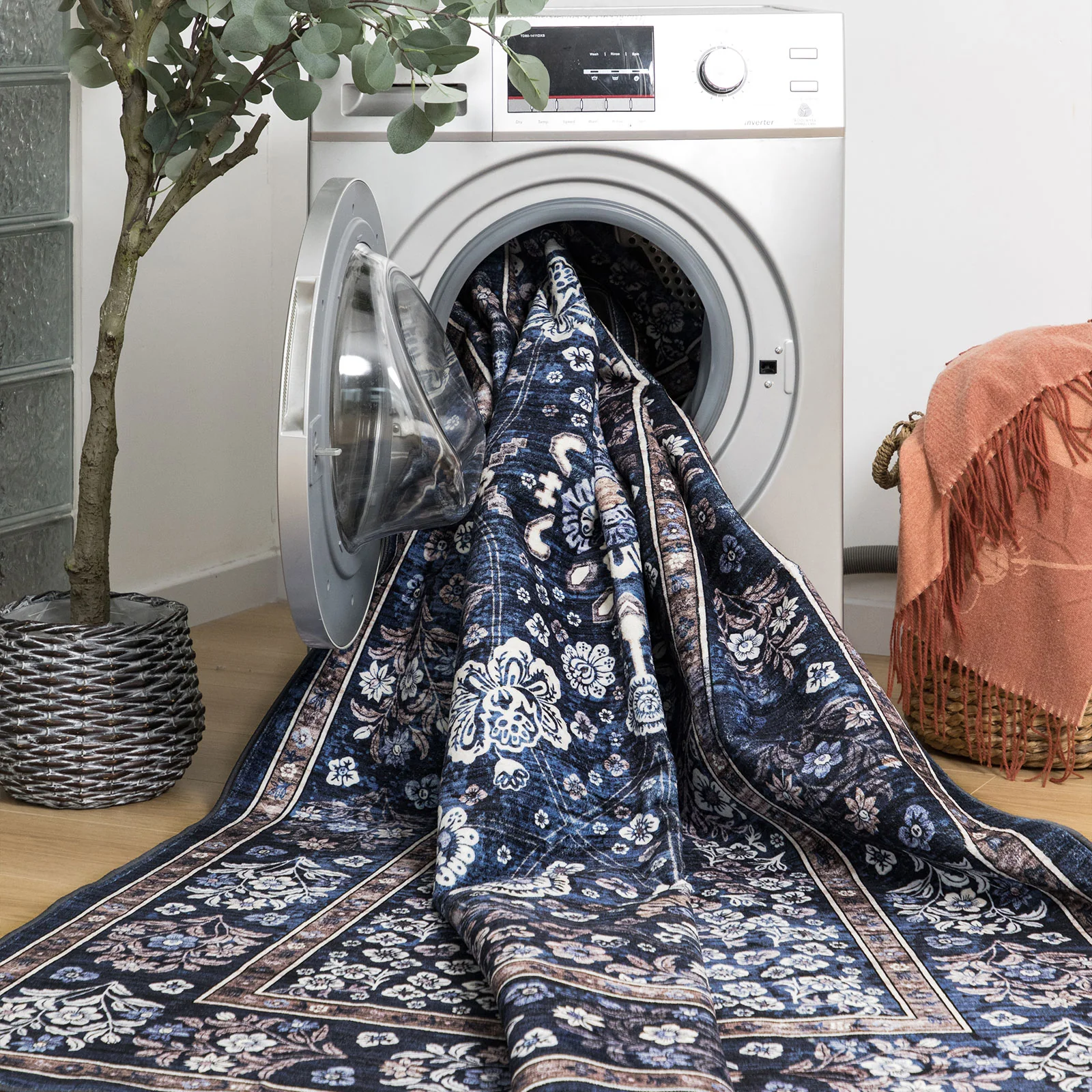 Extra Large Floor Rug Stunning Navy Blue Blooming Allover Plush Non Slip Traditional Retro Lounges Machine Washable Mat - Image 18