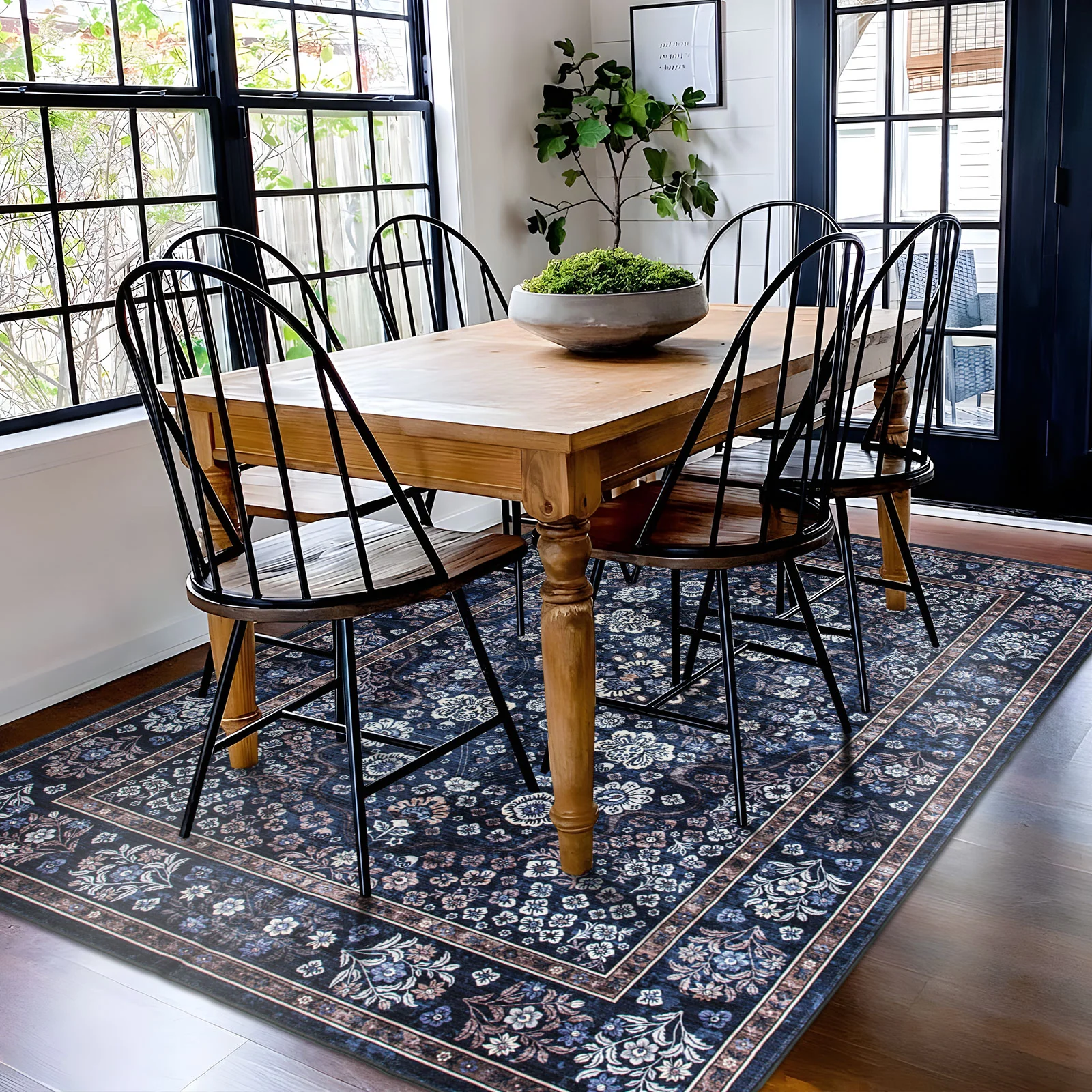 Extra Large Floor Rug Stunning Navy Blue Blooming Allover Plush Non Slip Traditional Retro Lounges Machine Washable Mat - Image 3