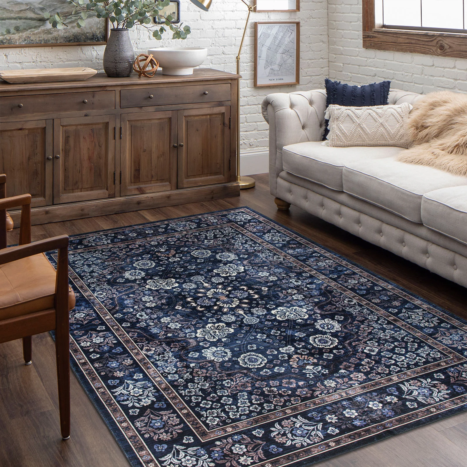 Extra Large Floor Rug Stunning Navy Blue Blooming Allover Plush Non Slip Traditional Retro Lounges Machine Washable Mat - Image 4