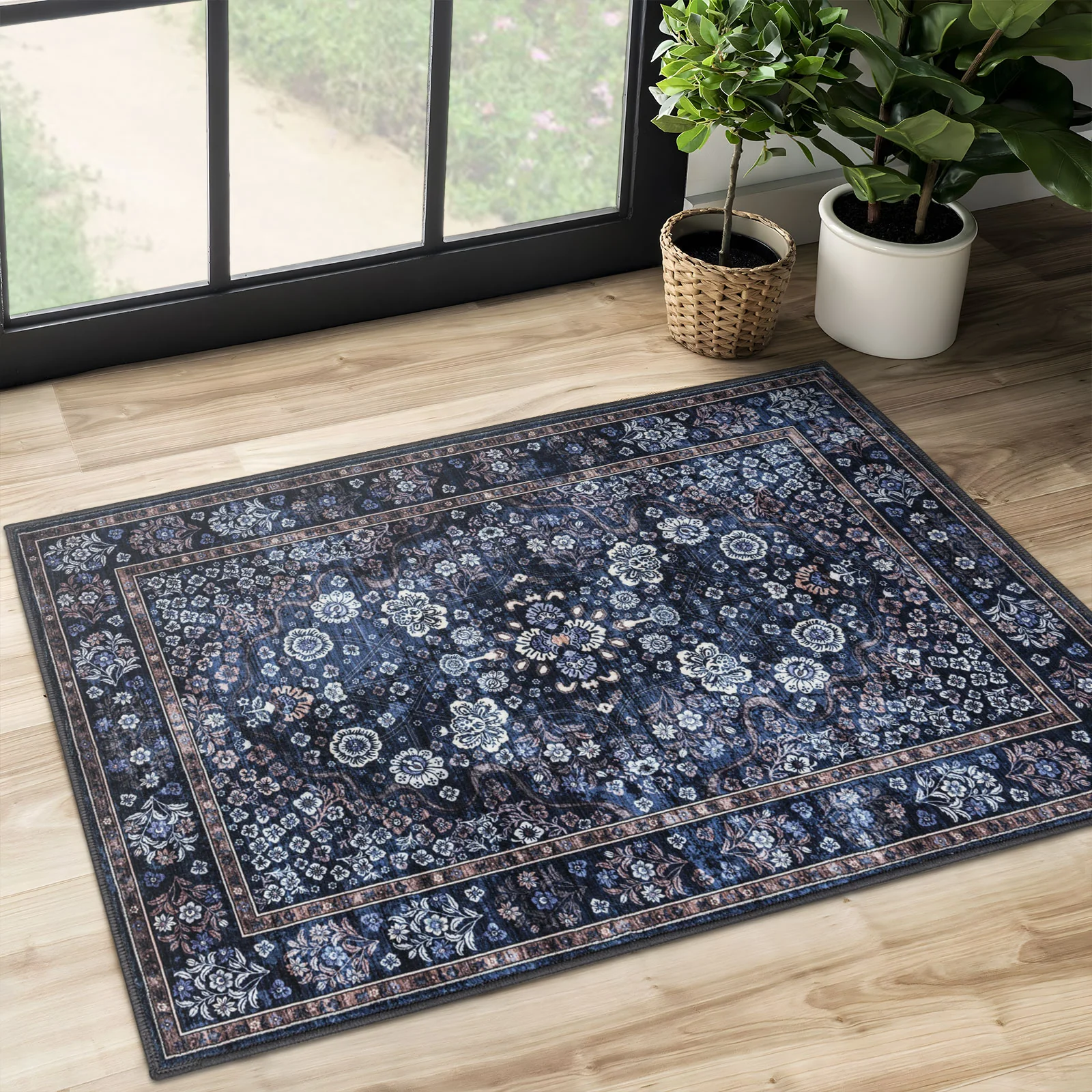 Extra Large Floor Rug Stunning Navy Blue Blooming Allover Plush Non Slip Traditional Retro Lounges Machine Washable Mat - Image 5