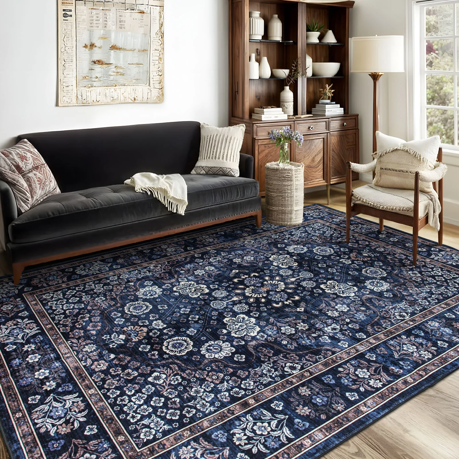 Extra Large Floor Rug Stunning Navy Blue Blooming Allover Plush Non Slip Traditional Retro Lounges Machine Washable Mat - Image 7