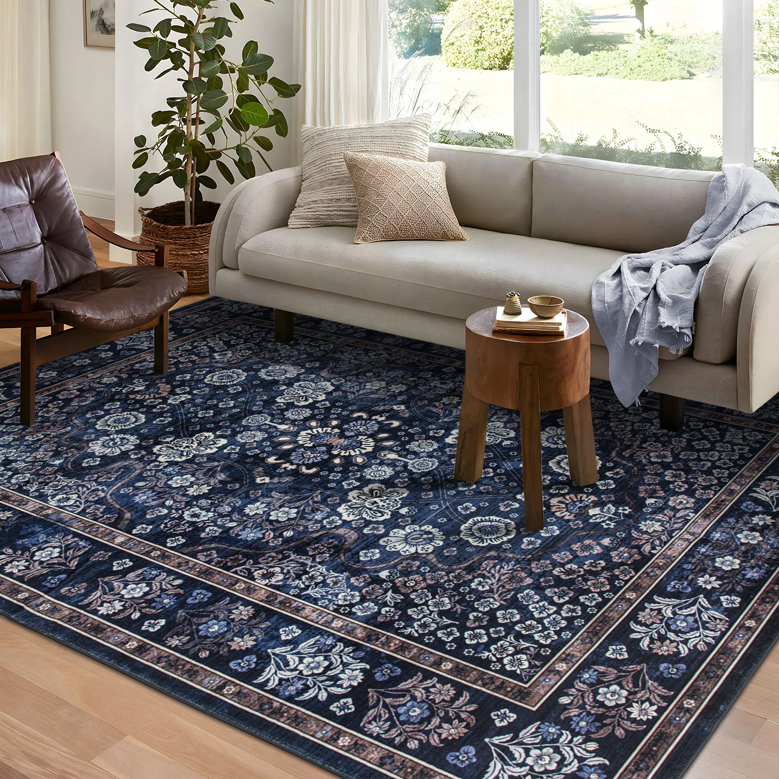 Extra Large Floor Rug Stunning Navy Blue Blooming Allover Plush Non Slip Traditional Retro Lounges Machine Washable Mat - Image 8