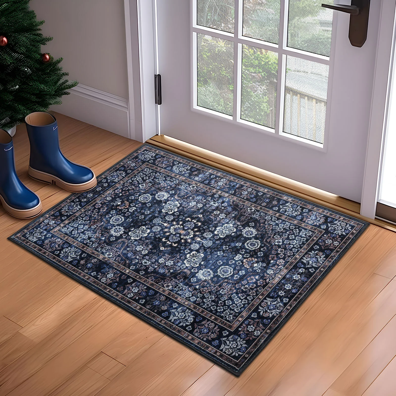 Extra Large Floor Rug Stunning Navy Blue Blooming Allover Plush Non Slip Traditional Retro Lounges Machine Washable Mat - Image 9