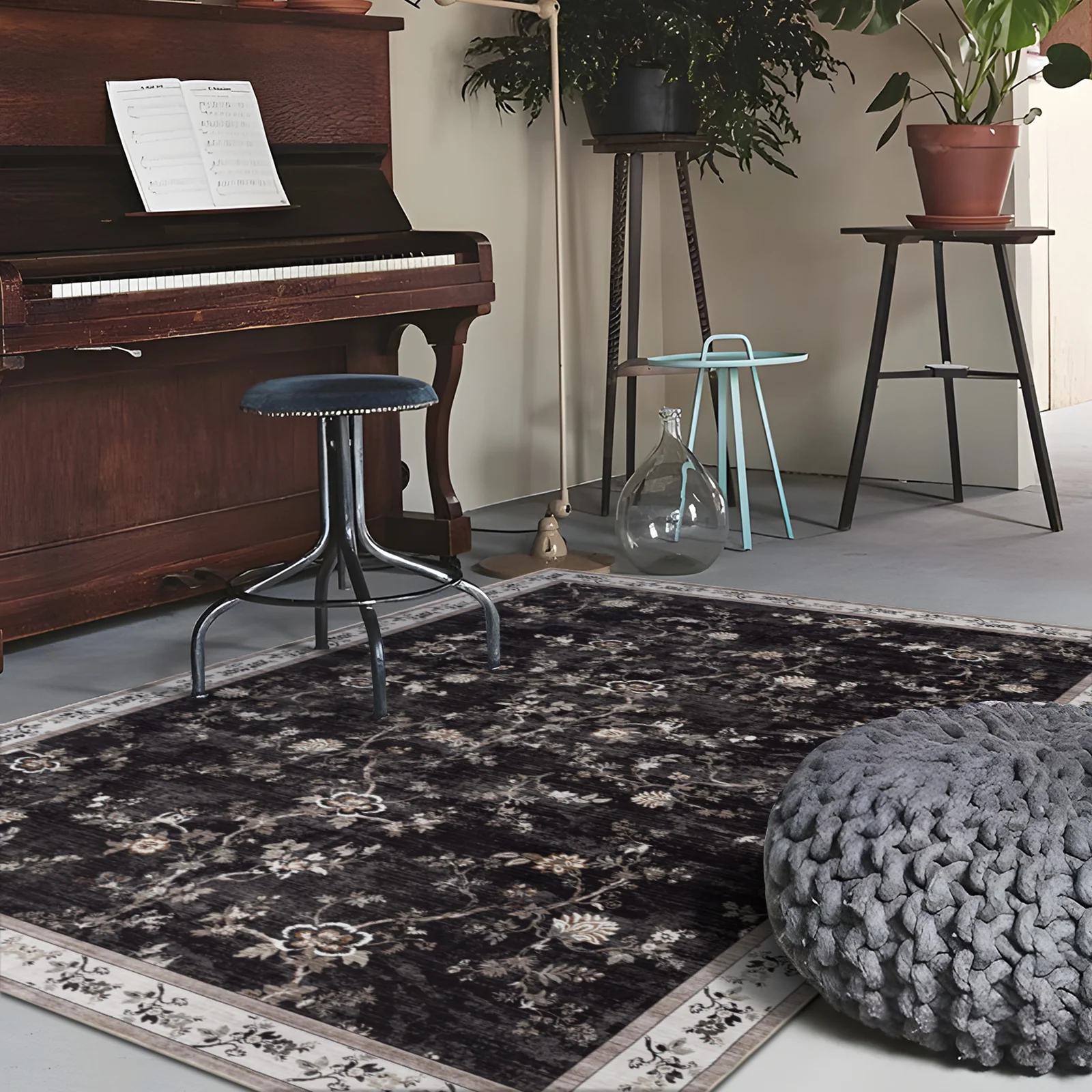 Extra Large Rug Charcoal Black Floral Vines Distressed Carpet Machine Washable Rugs - Image 10