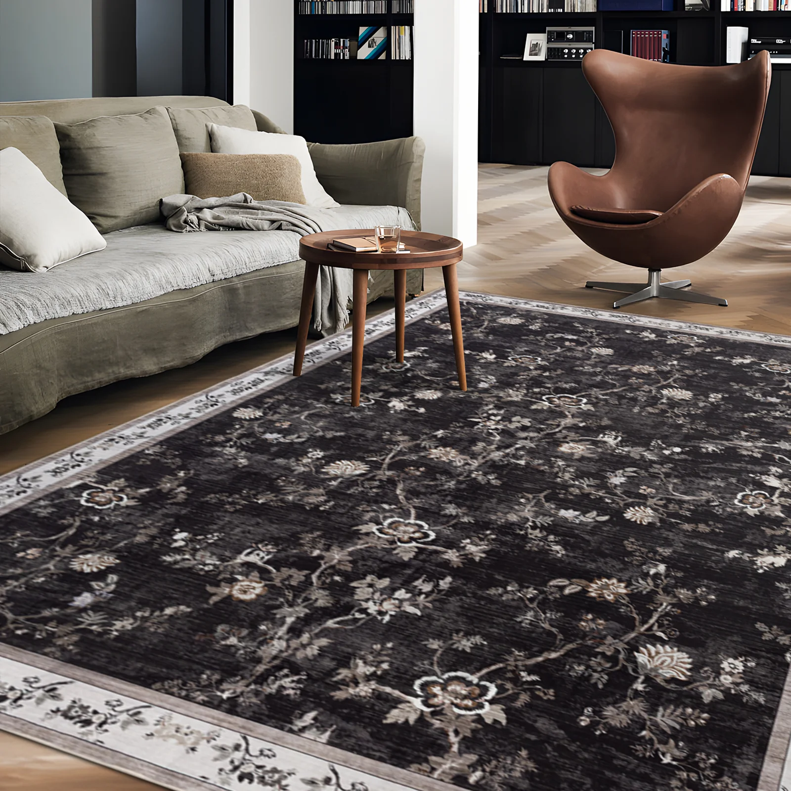 Extra Large Rug Charcoal Black Floral Vines Distressed Carpet Machine Washable Rugs - Image 11