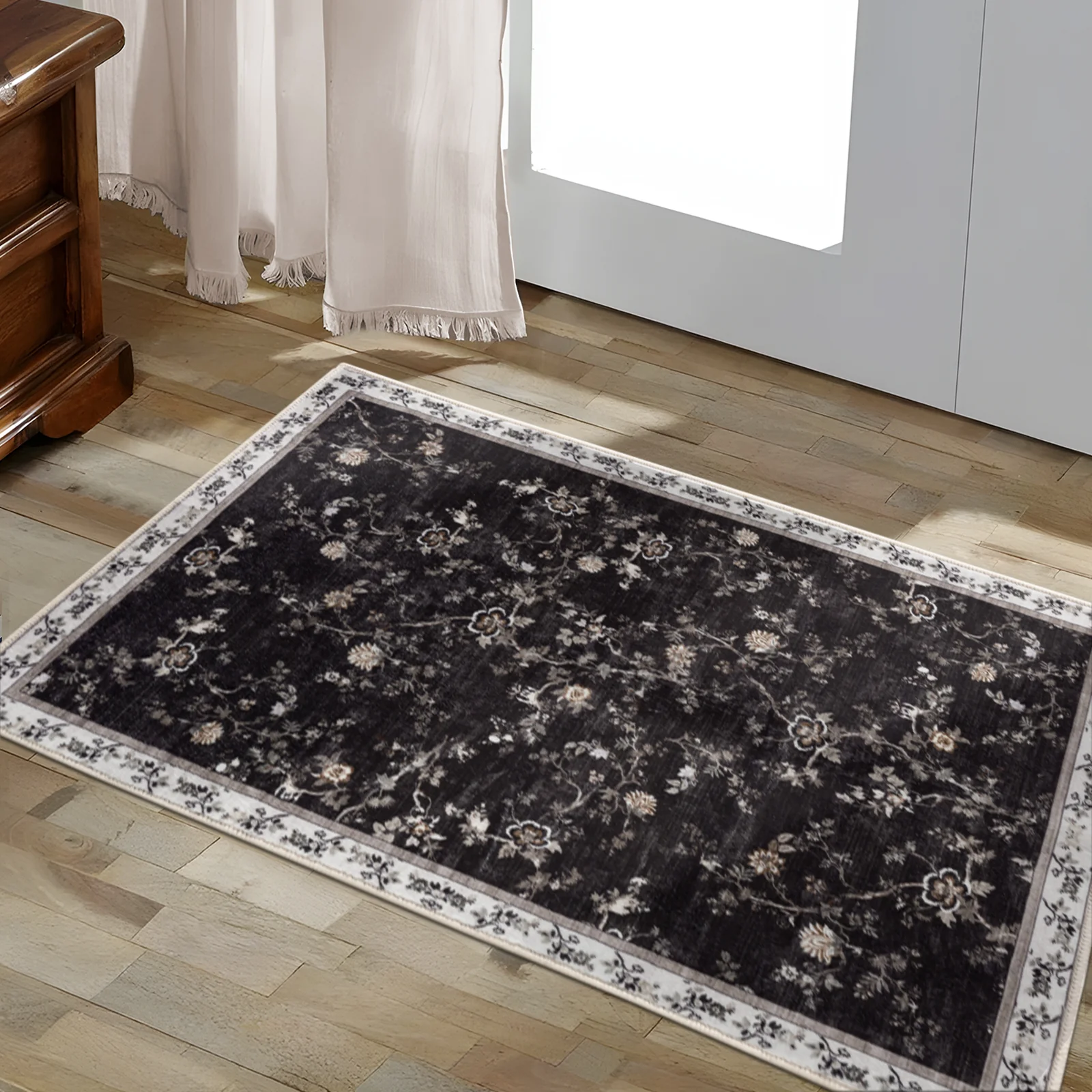 Extra Large Rug Charcoal Black Floral Vines Distressed Carpet Machine Washable Rugs - Image 14