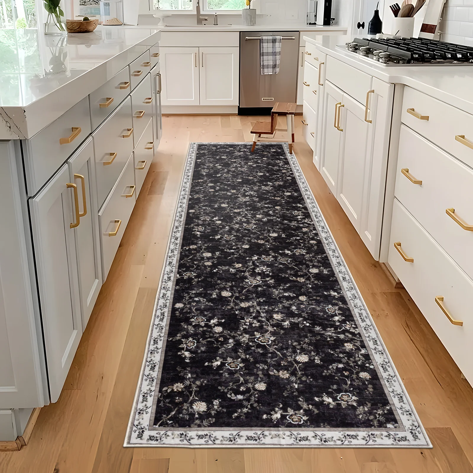 Extra Large Rug Charcoal Black Floral Vines Distressed Carpet Machine Washable Rugs - Image 16