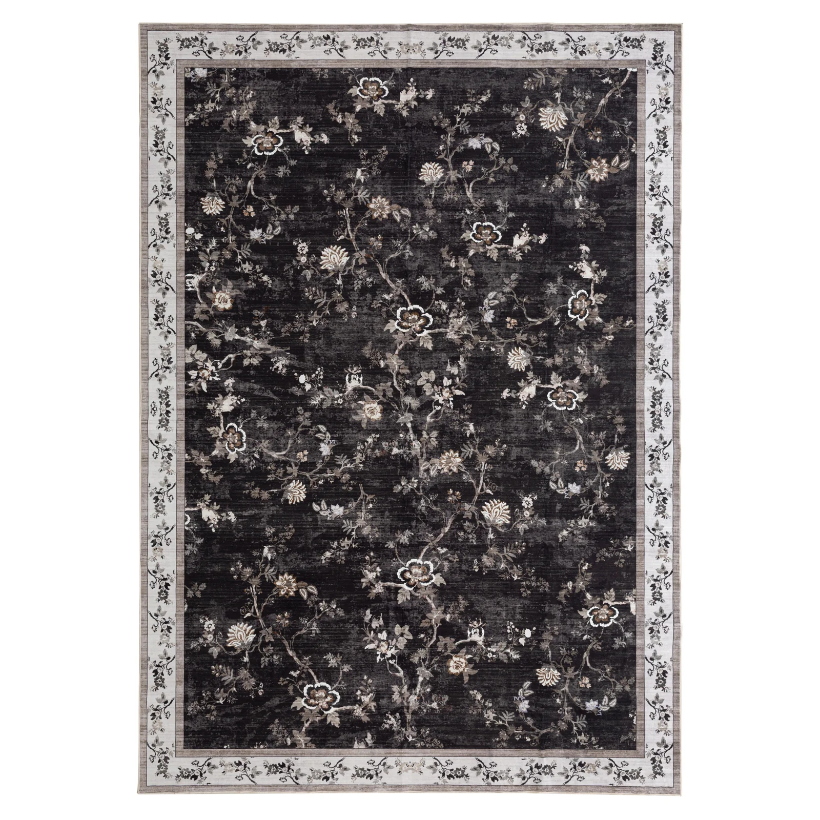 Extra Large Rug Charcoal Black Floral Vines Distressed Carpet Machine Washable Rugs - Image 19