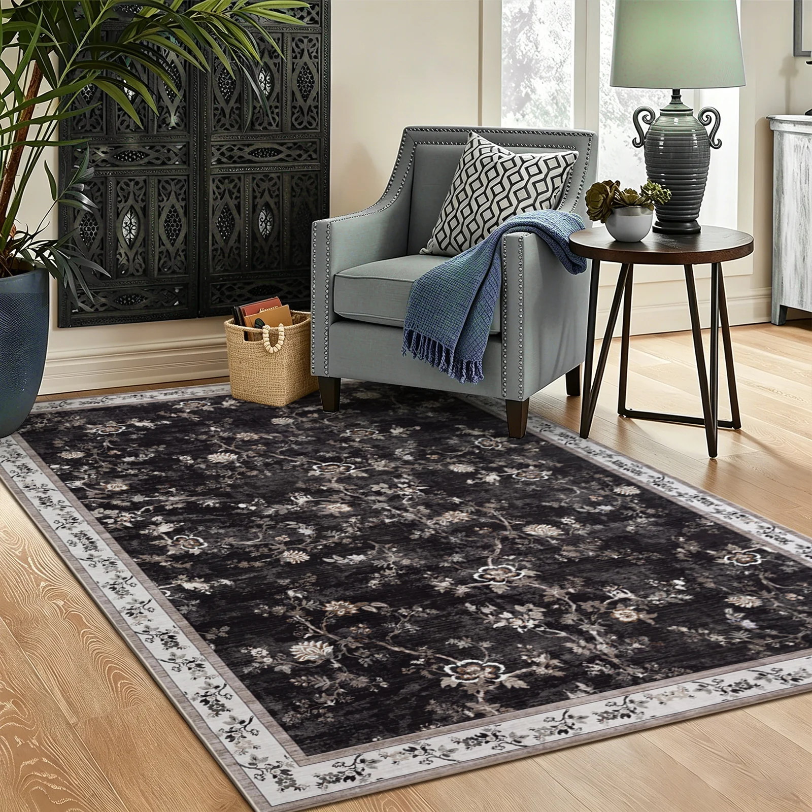 Extra Large Rug Charcoal Black Floral Vines Distressed Carpet Machine Washable Rugs - Image 6
