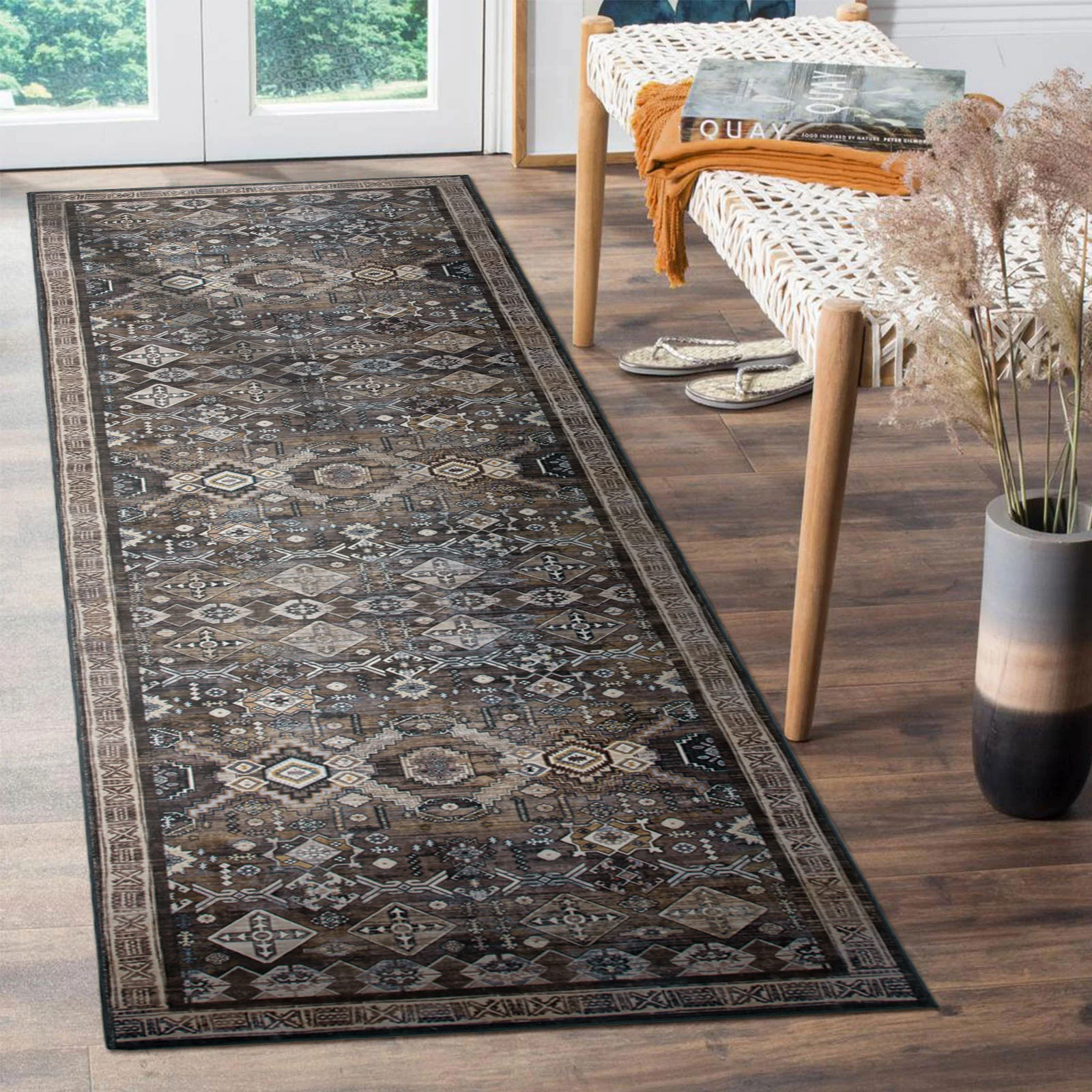Clearance Extra Large Gold Brown Grey Beautiful Distressed Traditional Carpet Hall Runner Machine Washable - Image 18