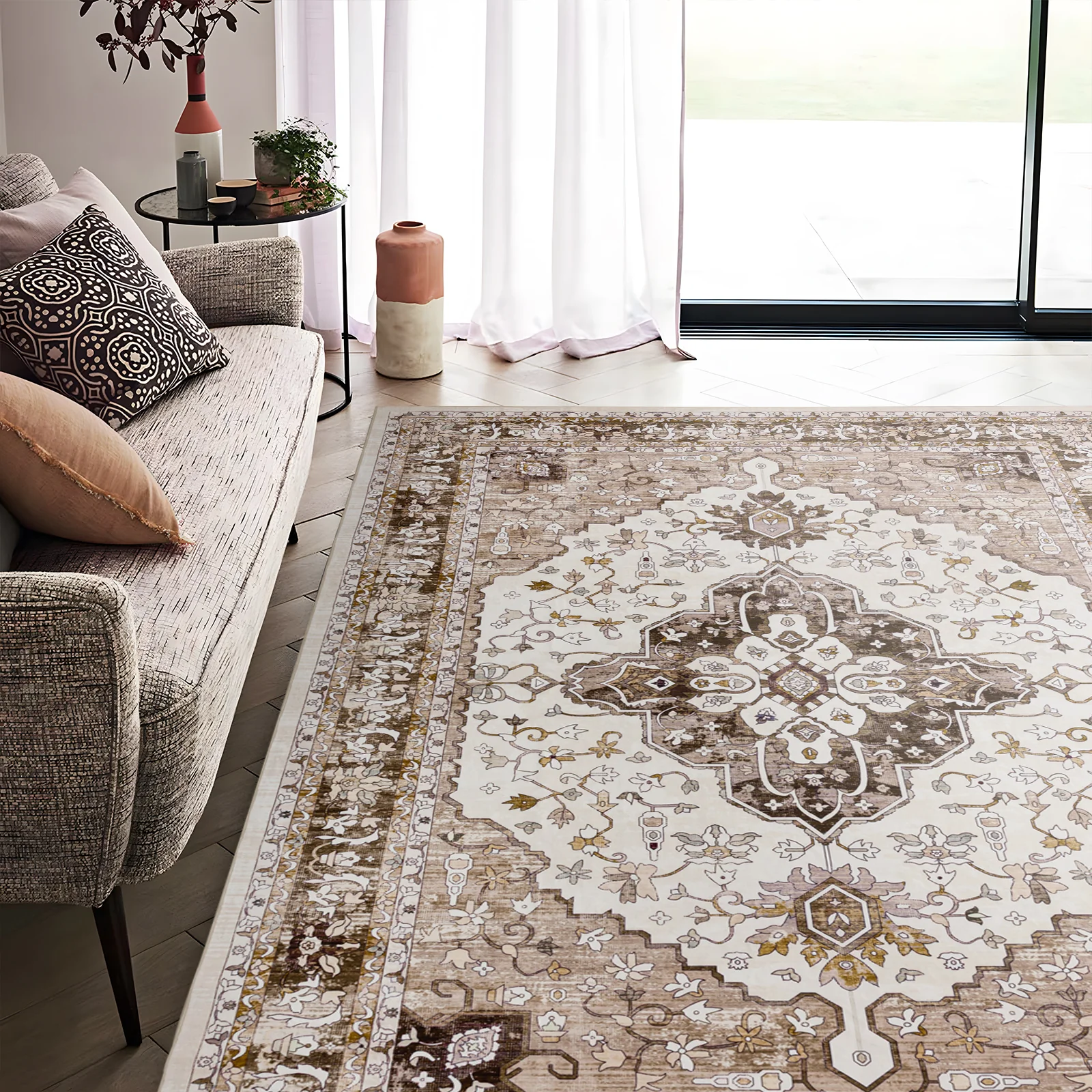 Clearance Extra Large Machine Washable Rug Camel Beige Soft Plush Traditional Carpet Non Slip Mat - Image 12