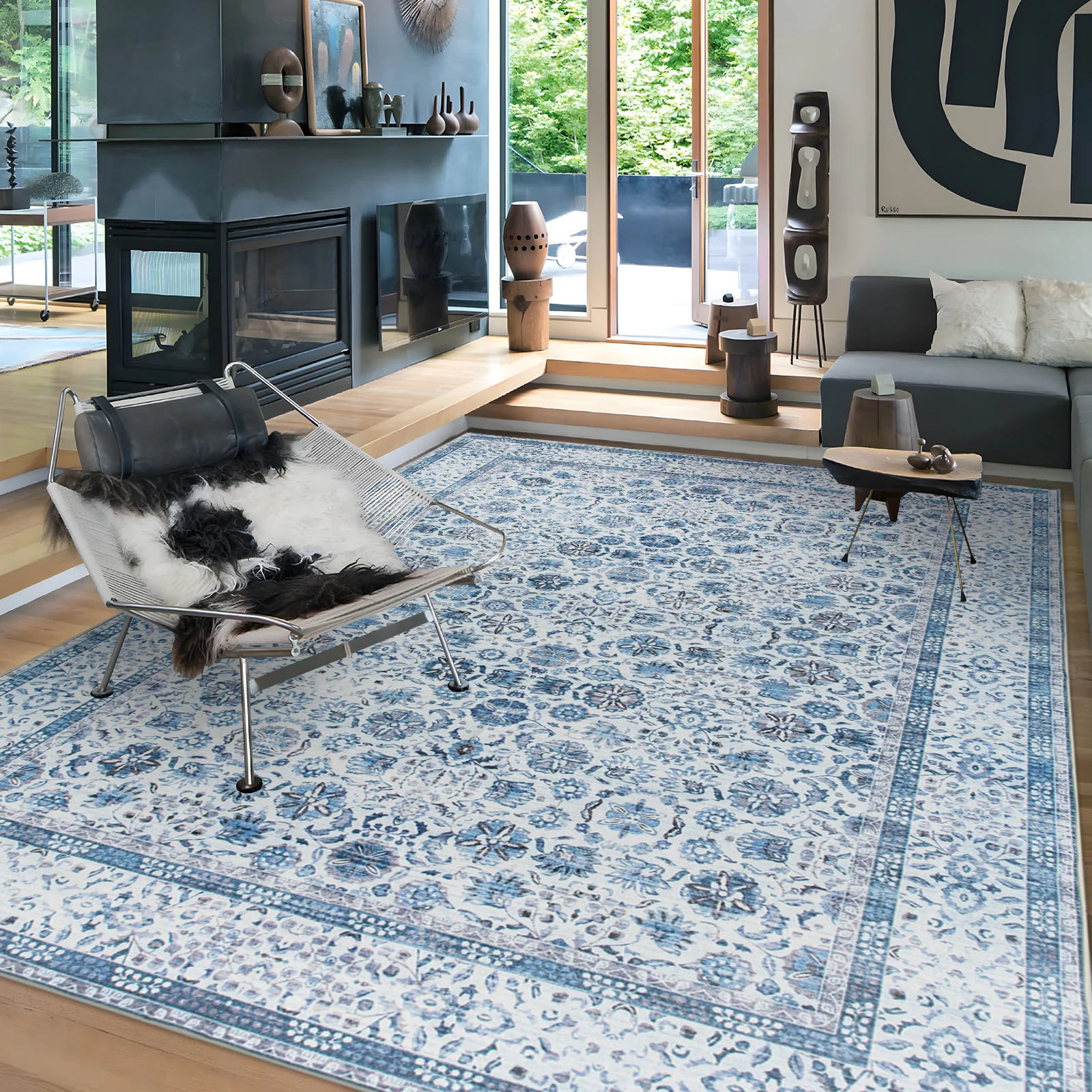 Extra Large Rug Ocean Blue Mandala Beautiful Allover Lounges Carpet Machine Washable Non Slip Mat - Image 4