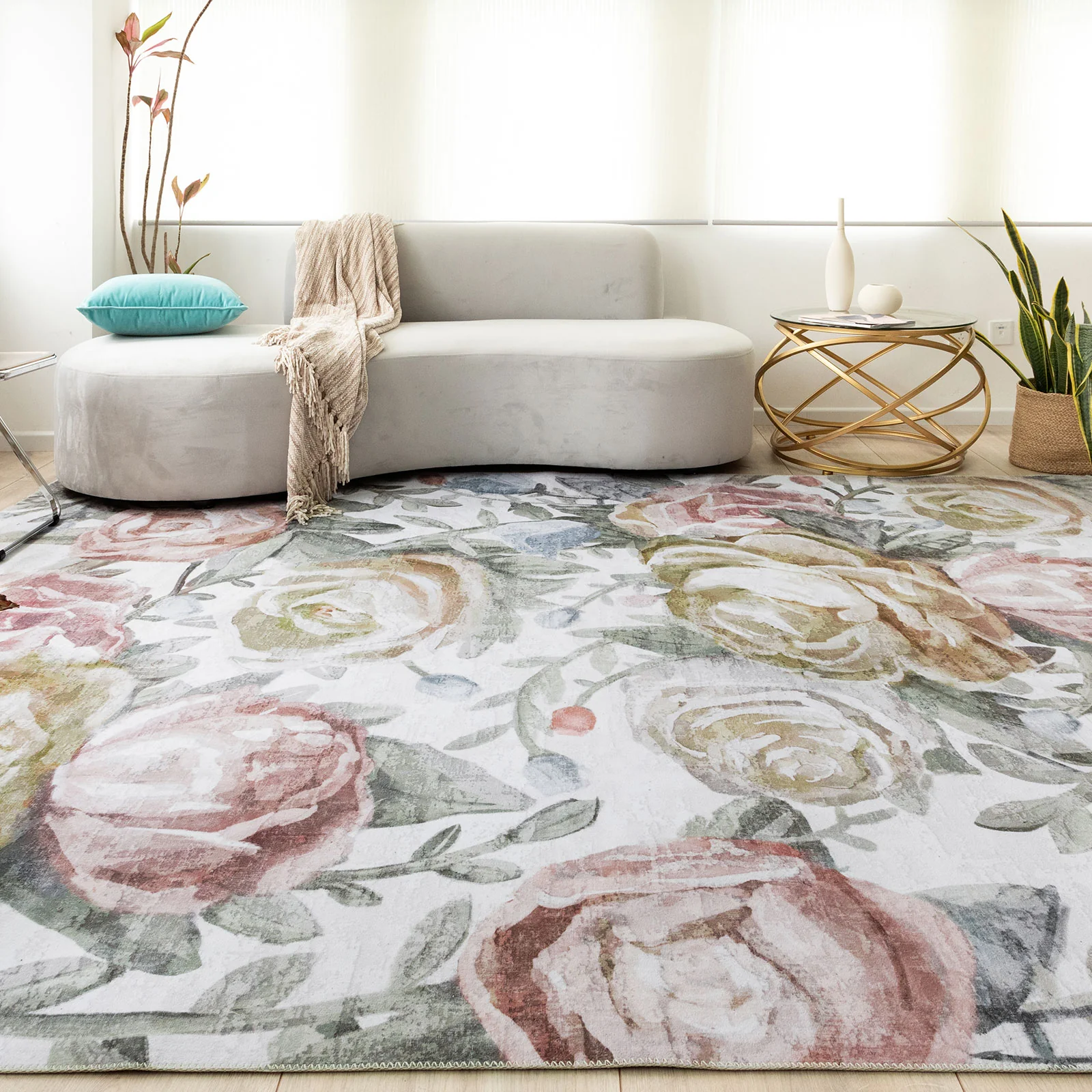 Extra Large Pastel Pink Rug Rose Bloom FLoral Modern Carpet Hallway Runner Rugs Machine Washable - Image 4