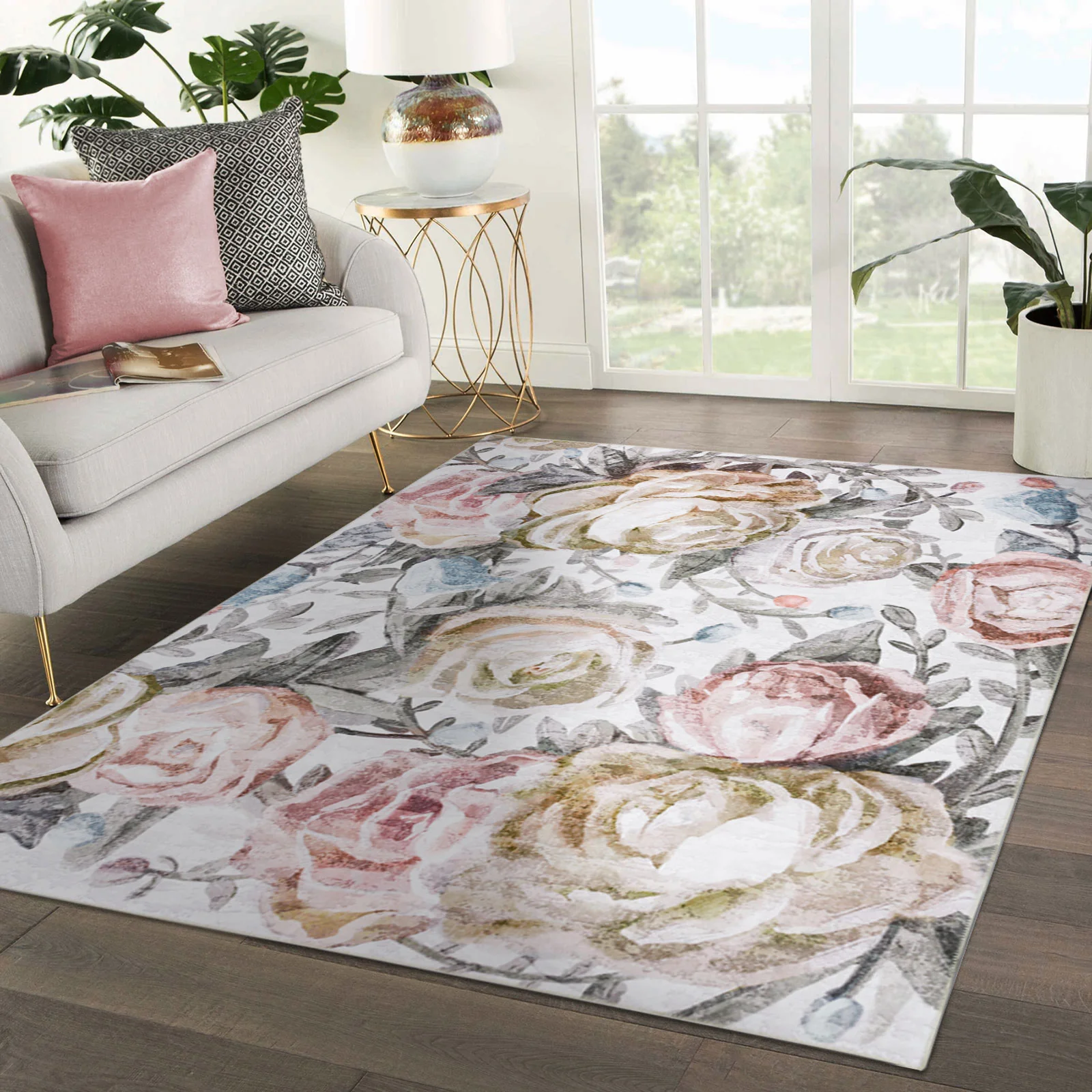 Extra Large Pastel Pink Rug Rose Bloom FLoral Modern Carpet Hallway Runner Rugs Machine Washable - Image 8