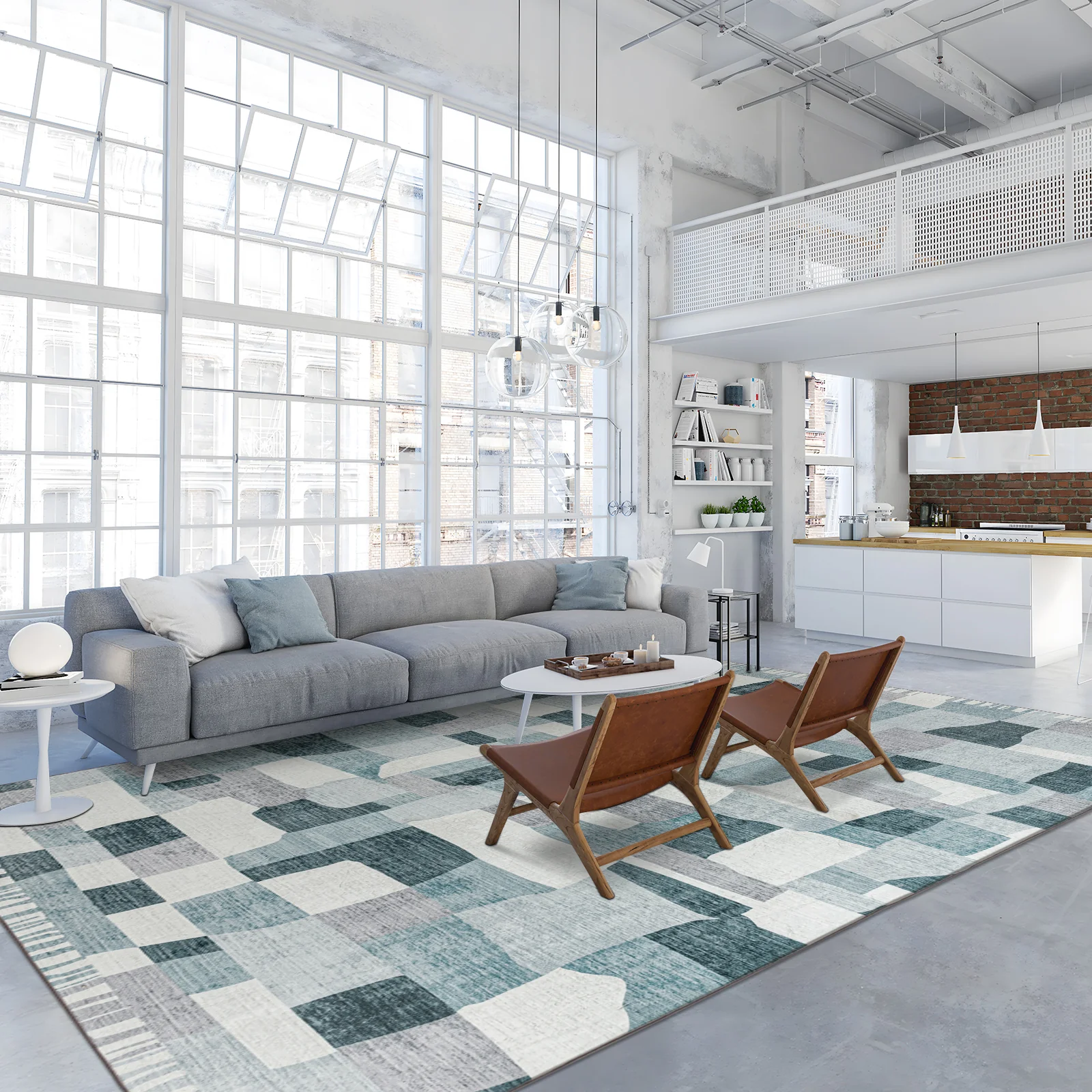 Extra Large Floor Rug Blue Grey Ivory Checked Modern Geometric Carpet Machine Washable Mat - Image 10