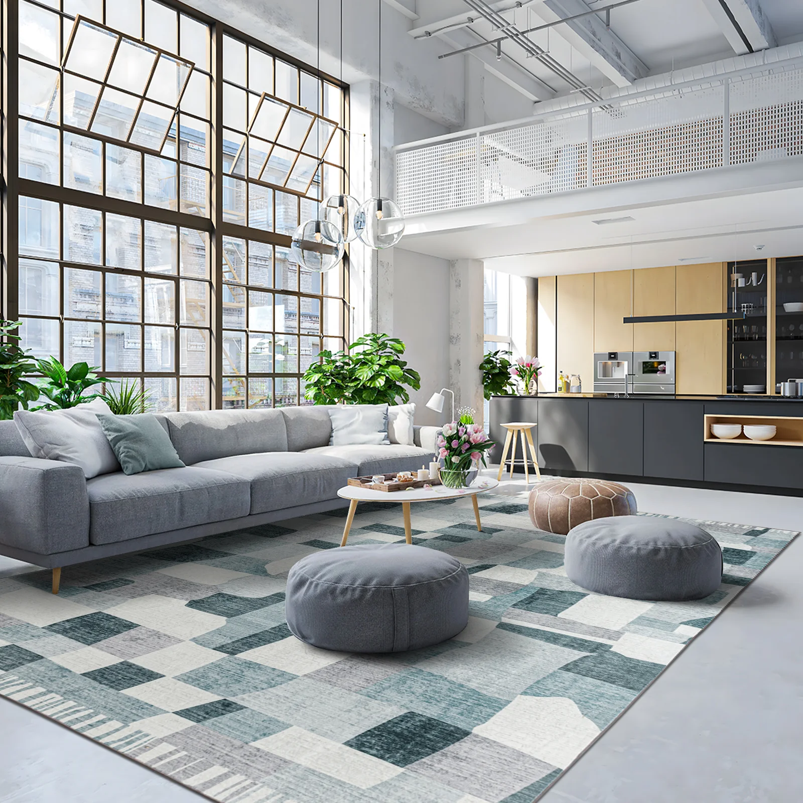 Extra Large Floor Rug Blue Grey Ivory Checked Modern Geometric Carpet Machine Washable Mat - Image 11