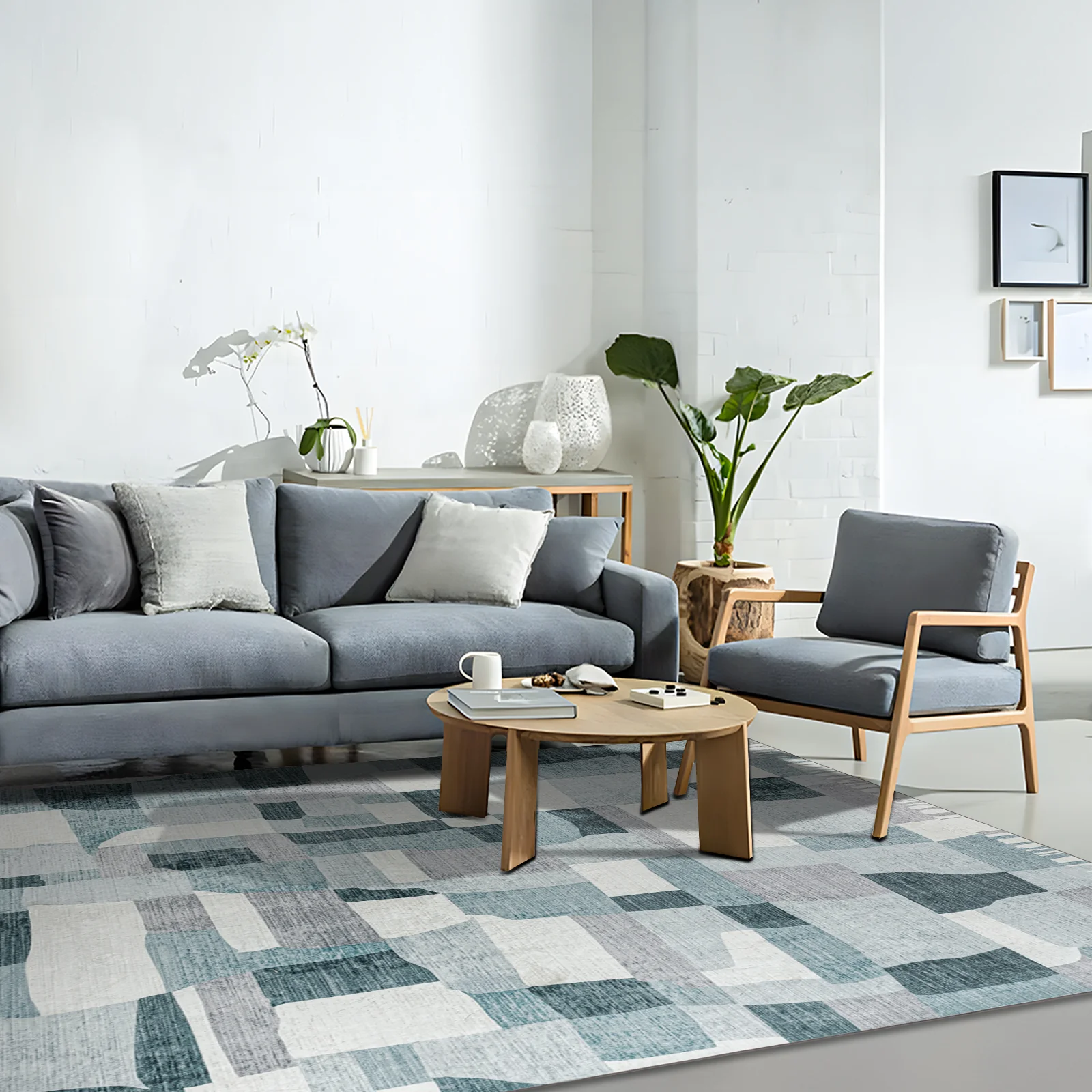Extra Large Floor Rug Blue Grey Ivory Checked Modern Geometric Carpet Machine Washable Mat - Image 12