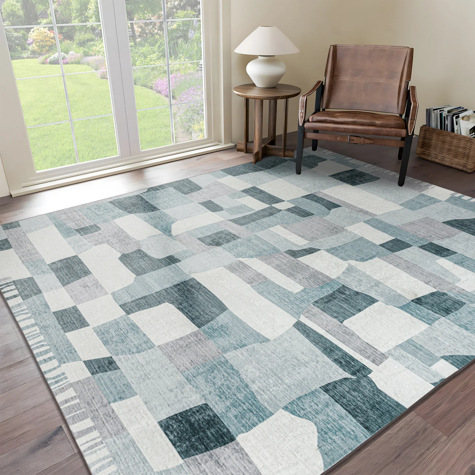 Extra Large Floor Rug Blue Grey Ivory Checked Modern Geometric Carpet Machine Washable Mat - Image 13