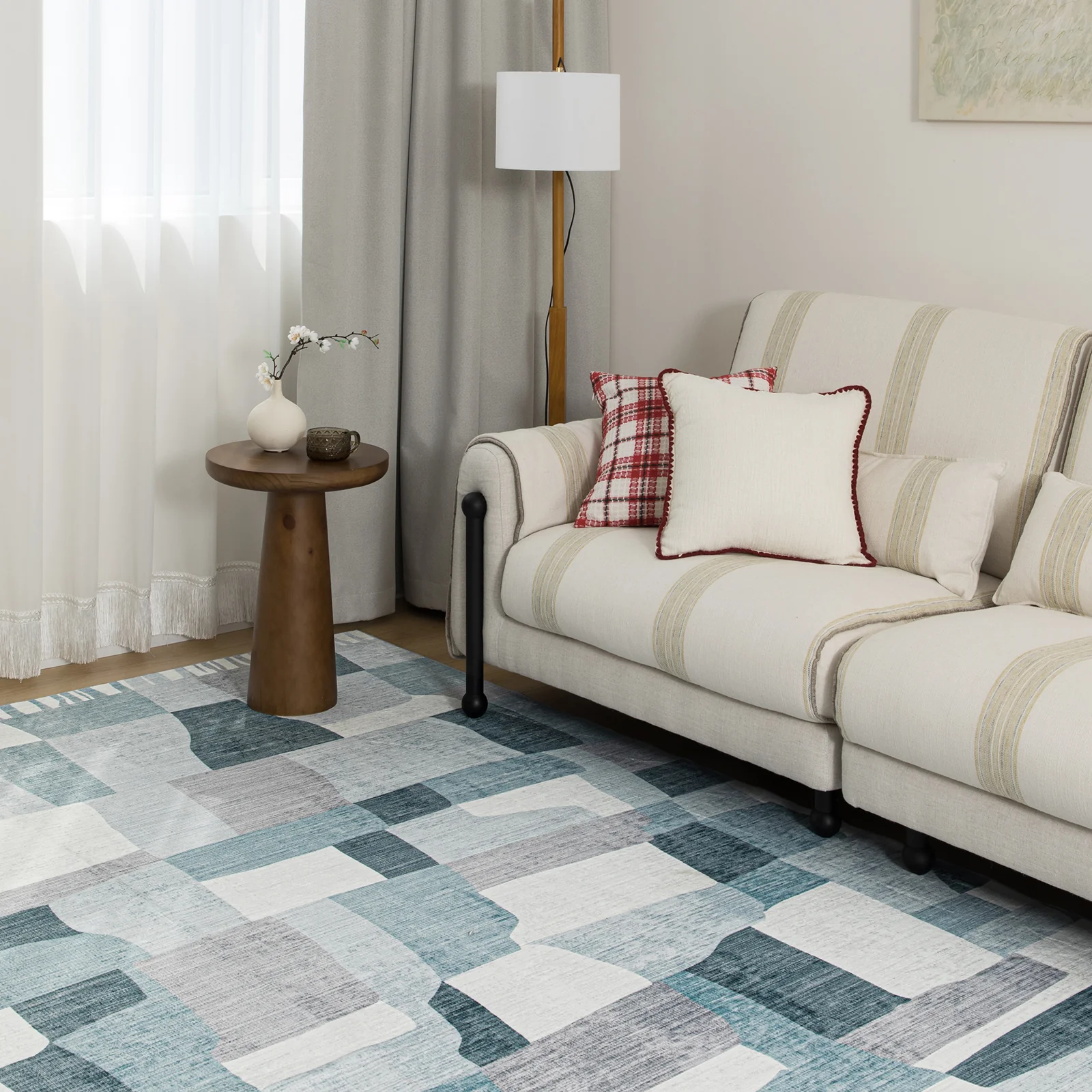 Extra Large Floor Rug Blue Grey Ivory Checked Modern Geometric Carpet Machine Washable Mat - Image 14