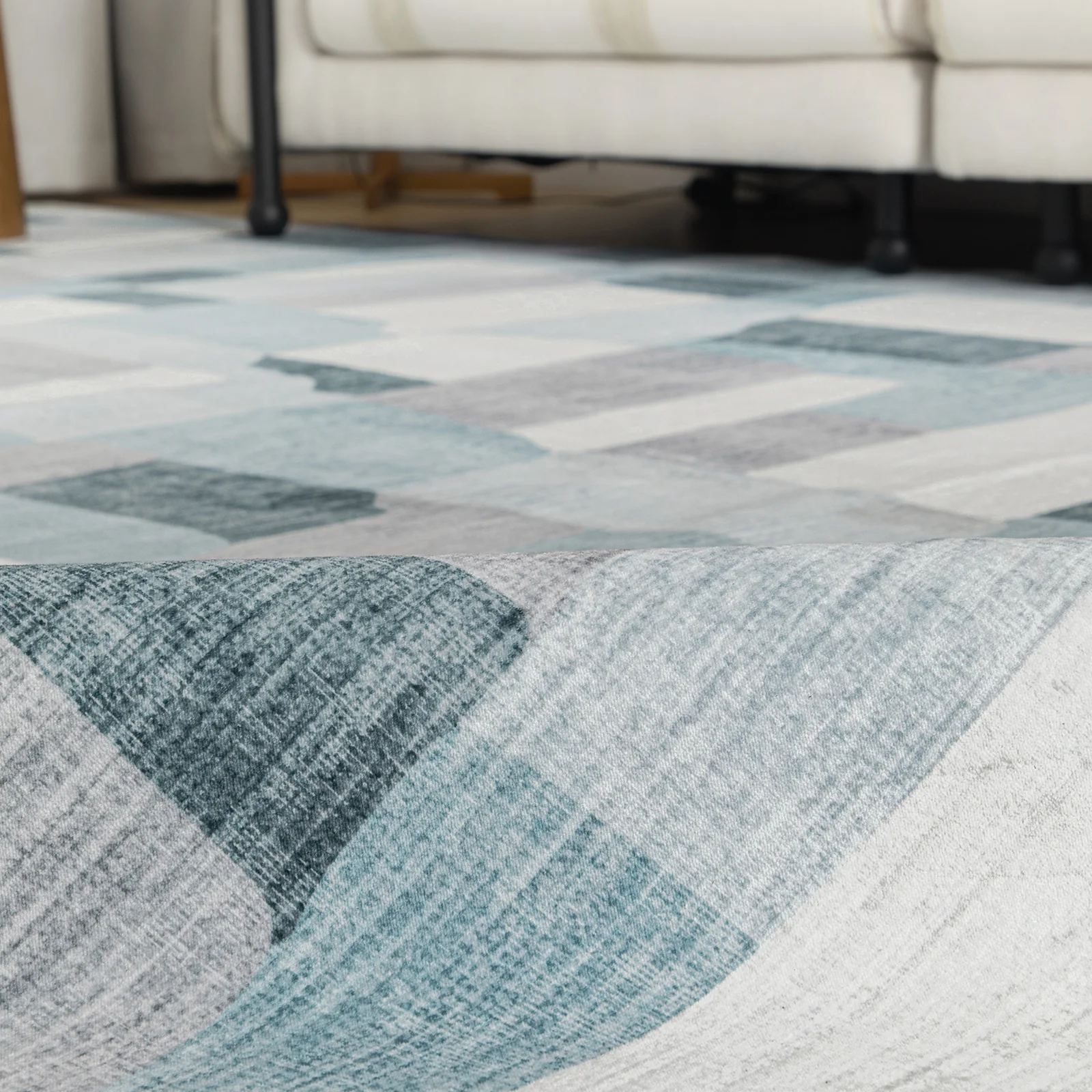 Extra Large Floor Rug Blue Grey Ivory Checked Modern Geometric Carpet Machine Washable Mat - Image 18