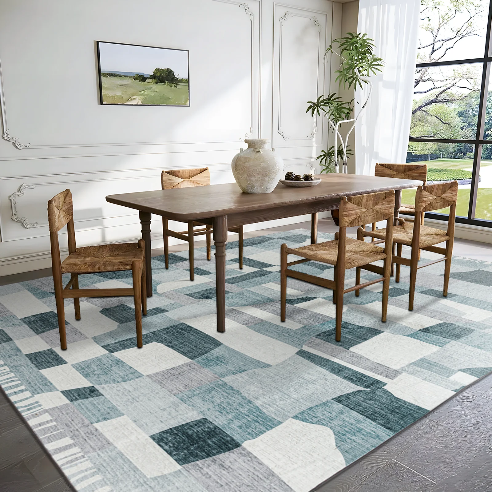 Extra Large Floor Rug Blue Grey Ivory Checked Modern Geometric Carpet Machine Washable Mat - Image 4
