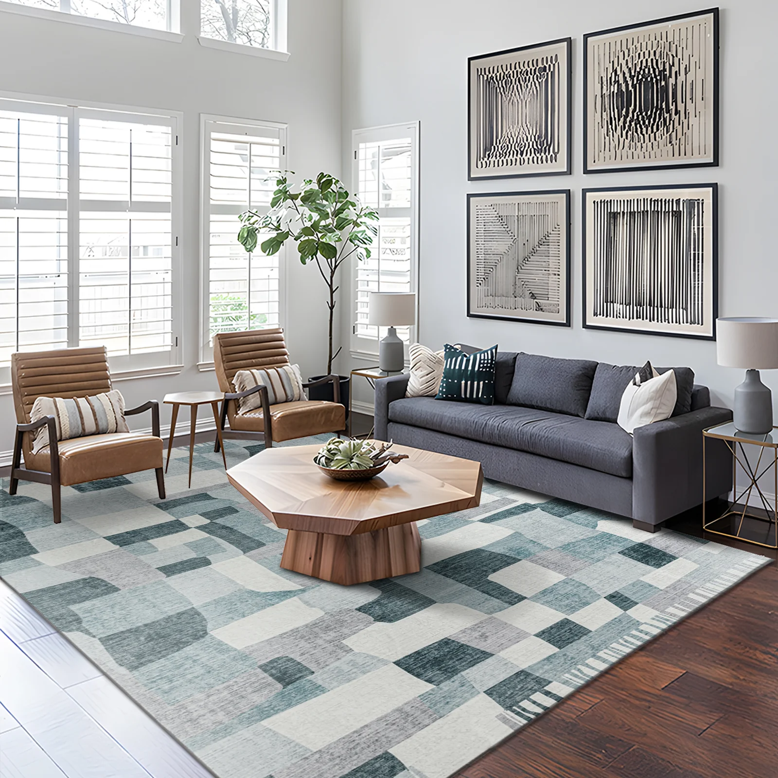 Extra Large Floor Rug Blue Grey Ivory Checked Modern Geometric Carpet Machine Washable Mat - Image 6