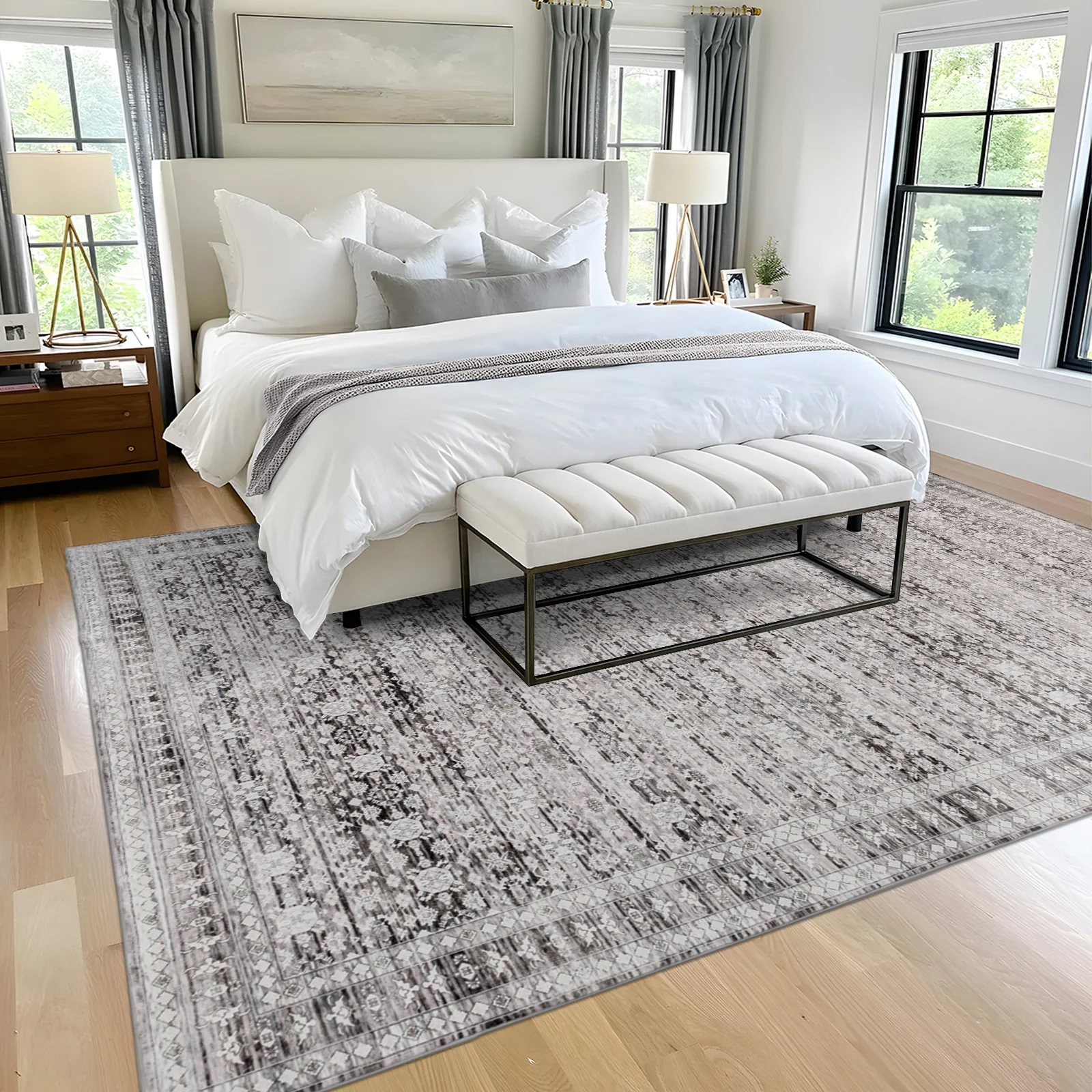 Extra Large Floor Rug Light Gray Soft Distressed Striped Neutral Modern Carpet Machine Washable Rugs - Image 10