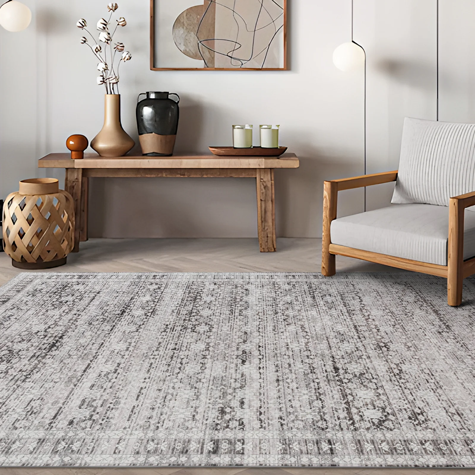 Extra Large Floor Rug Light Gray Soft Distressed Striped Neutral Modern Carpet Machine Washable Rugs - Image 3