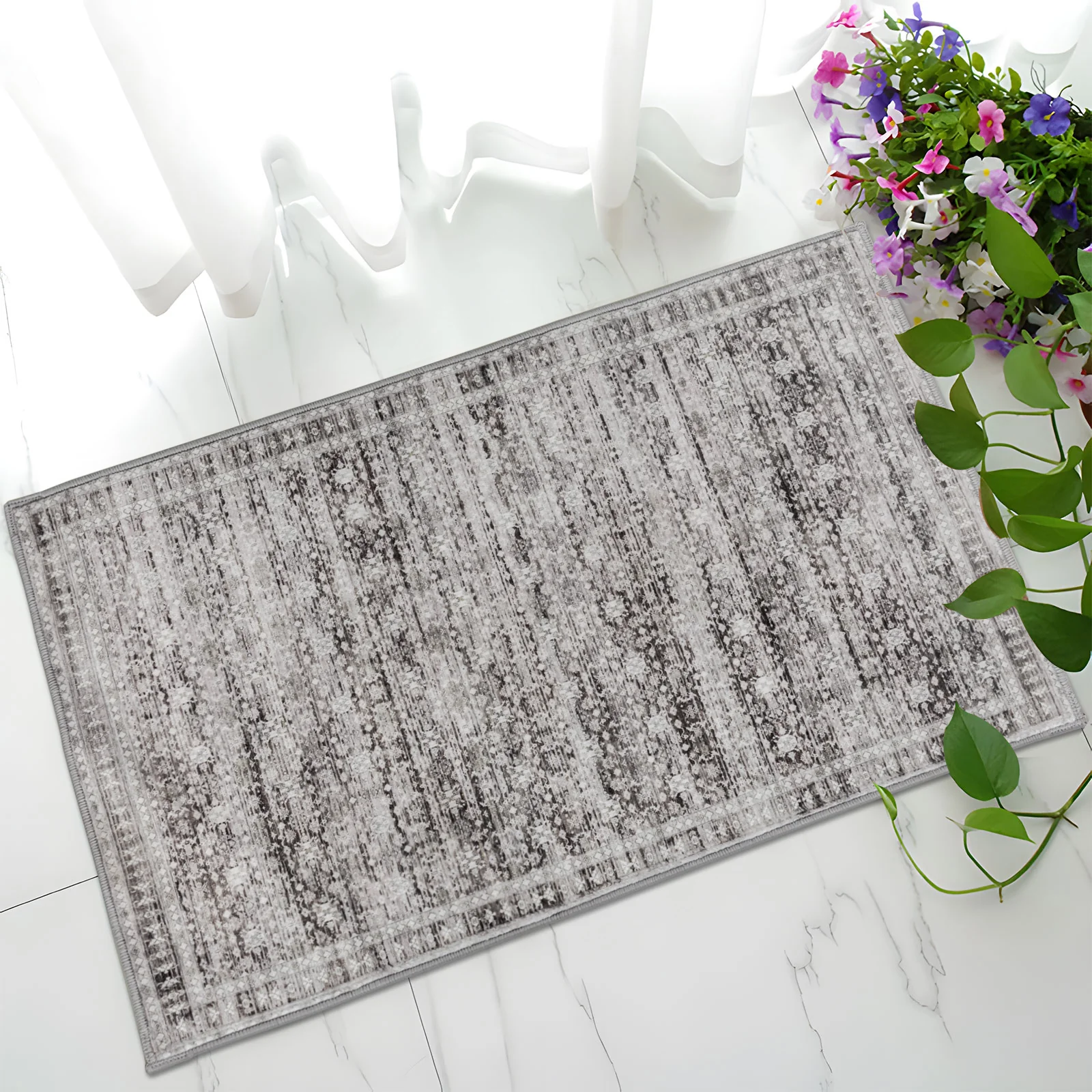 Extra Large Floor Rug Light Gray Soft Distressed Striped Neutral Modern Carpet Machine Washable Rugs - Image 5