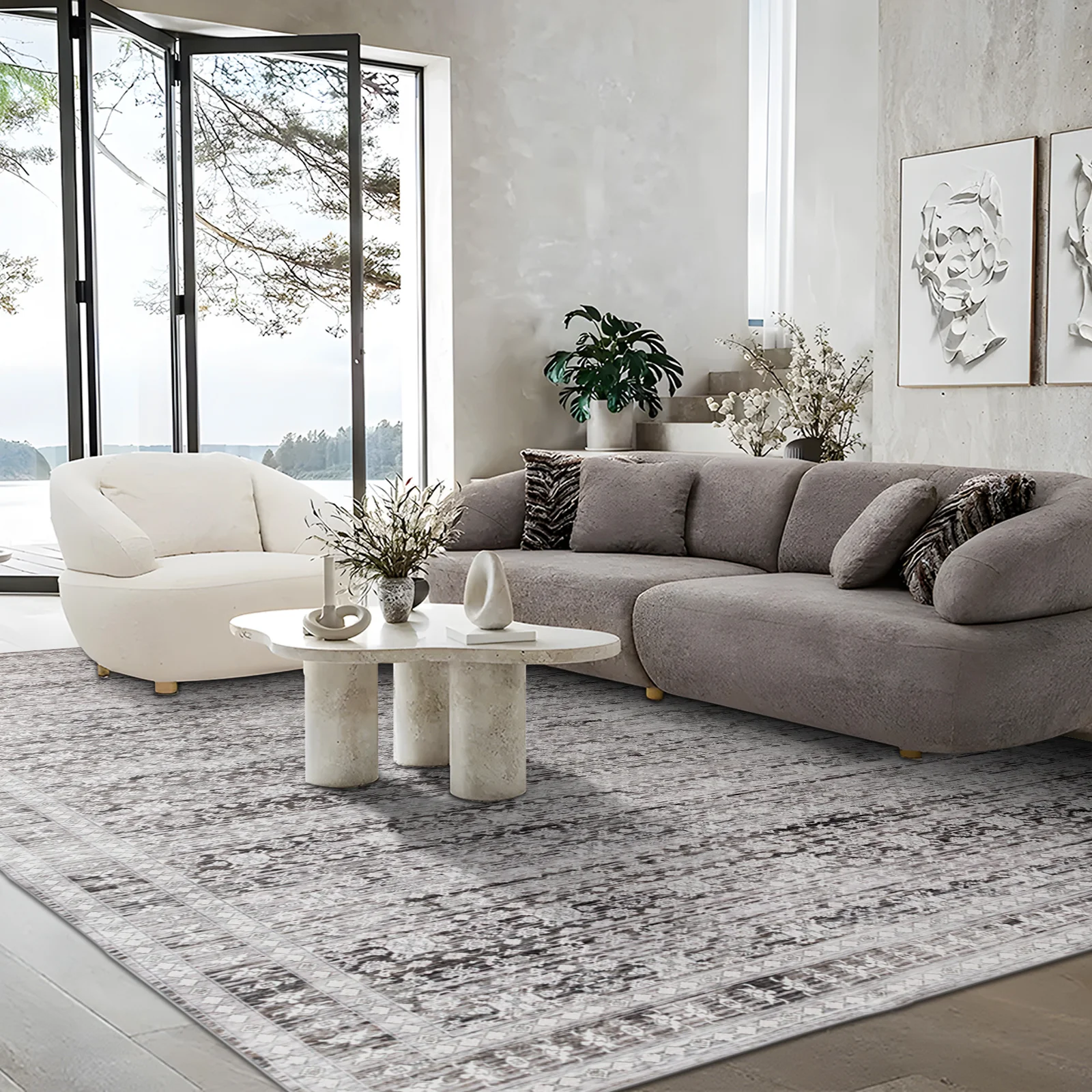 Extra Large Floor Rug Light Gray Soft Distressed Striped Neutral Modern Carpet Machine Washable Rugs - Image 7