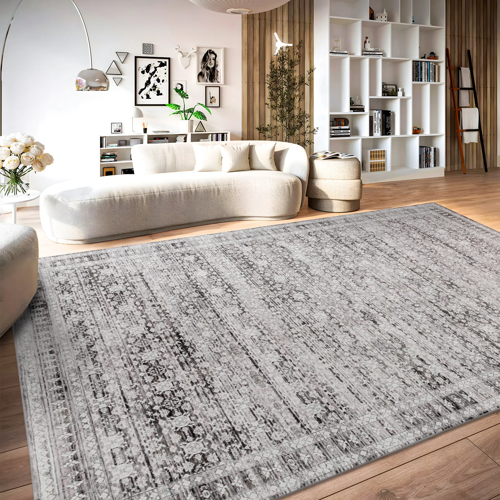 Extra Large Floor Rug Light Gray Soft Distressed Striped Neutral Modern Carpet Machine Washable Rugs - Image 8