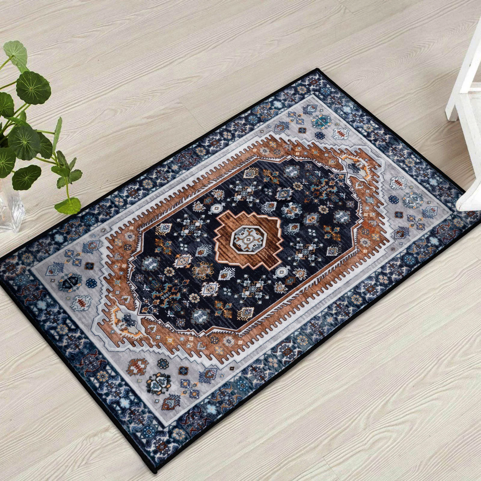 Large Rug Dark Blue Brown Soft Plush Vintage Machine Washable Carpet - Image 11