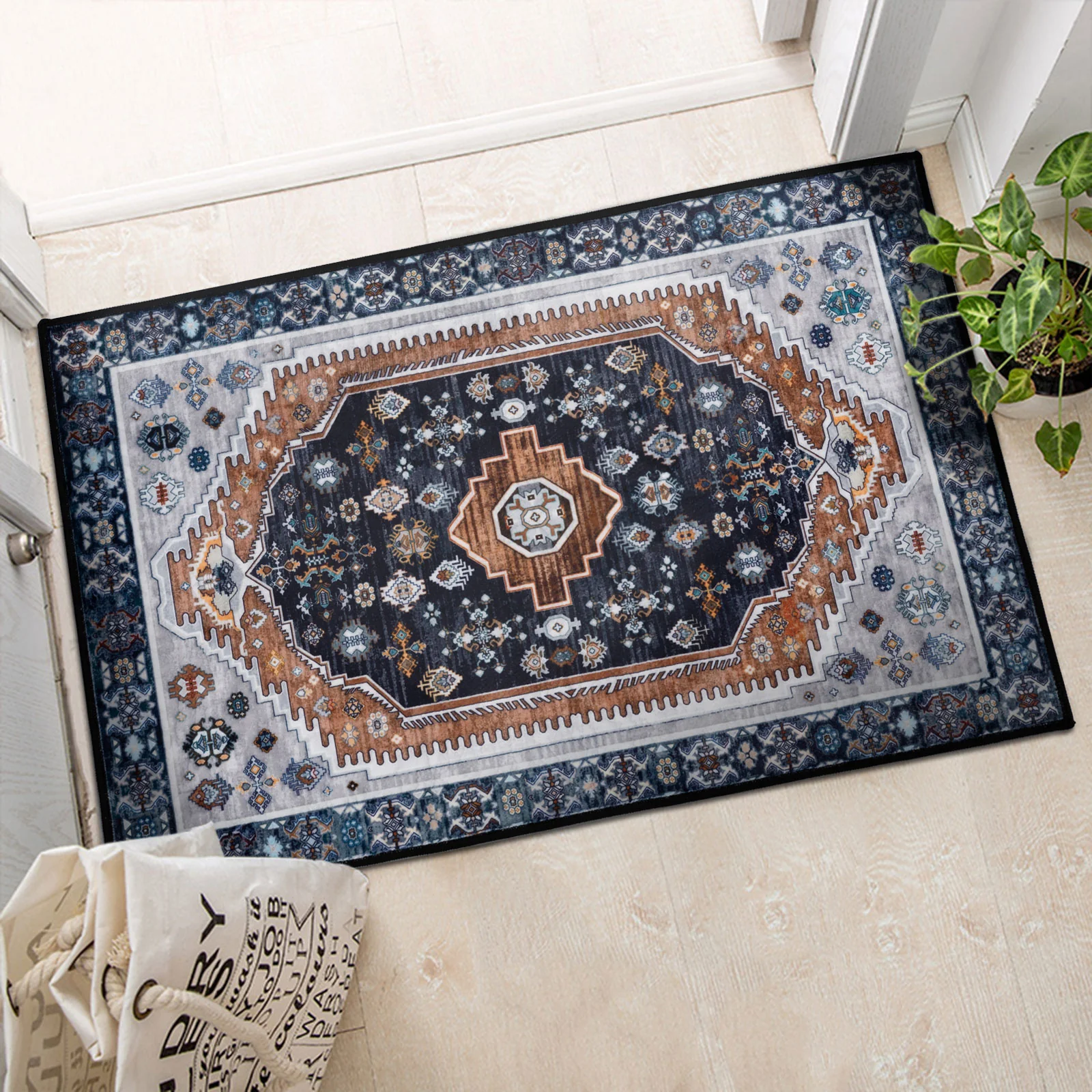Large Rug Dark Blue Brown Soft Plush Vintage Machine Washable Carpet - Image 12